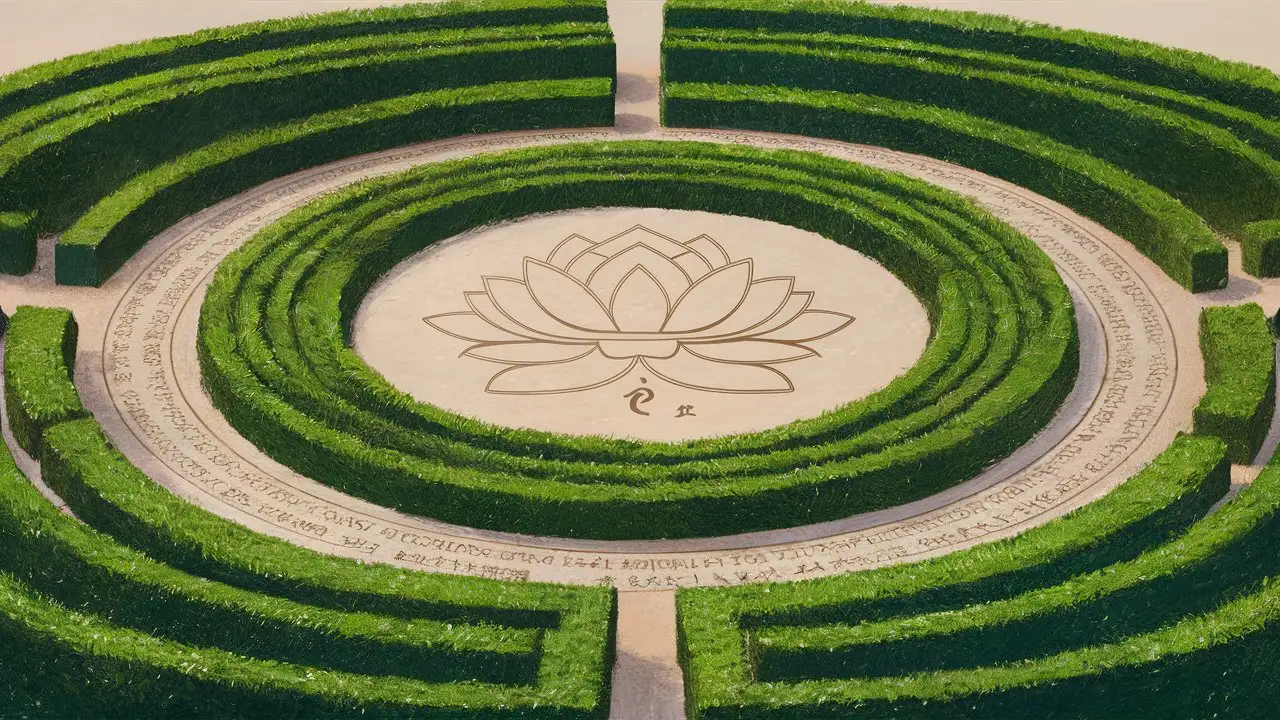 scene of the center of hedge garden, large round center with inscriptions on the ground and in the center is an inscription of lotus flower. illustration line art style. 