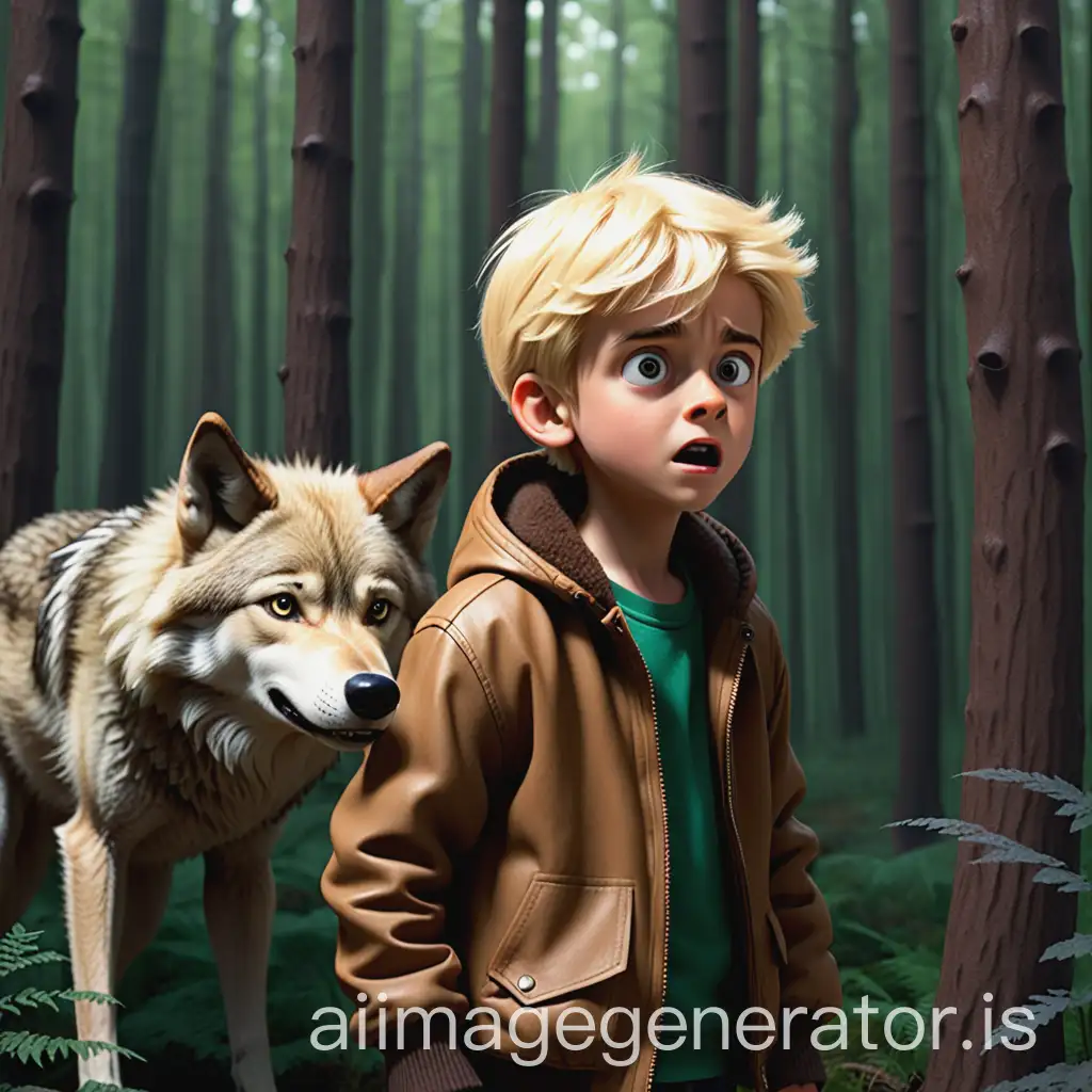 Milo a blonde boy in a forest   is confused. Looking at the wolf.  With a brown jacket He wonders why the wolf hasn’t eaten him yet.