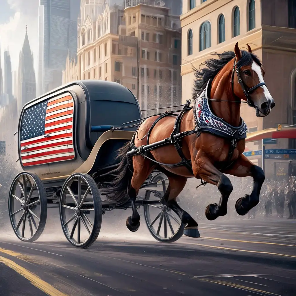 a muscular stallion draggin a modern cart with 4 wheels. the cart should have american flag images on it. horse and buggy image


