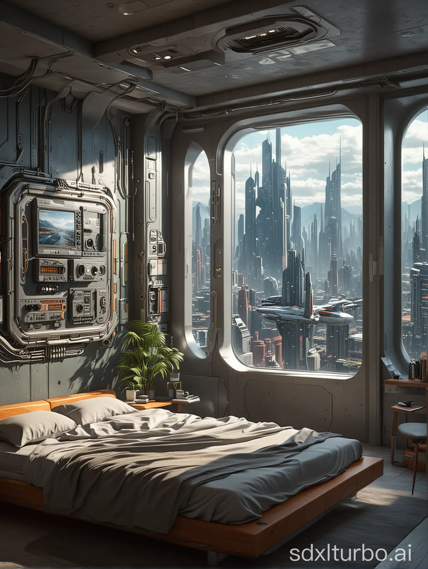 In the future, the sci-fi city bedroom and the scenery I can see