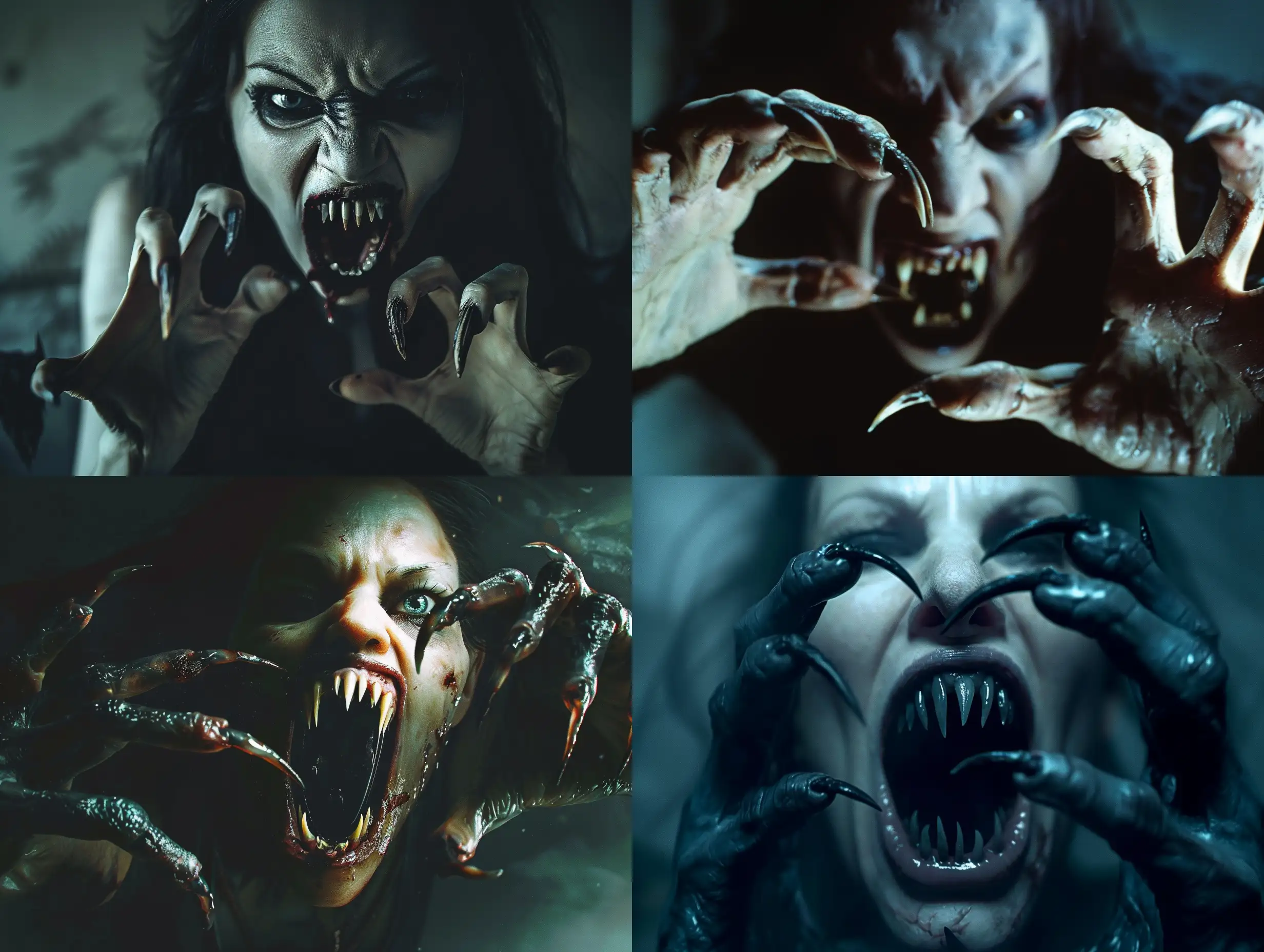A photorealistic scene of a wild, monstrous vampire woman emerging from the darkness, her menacing mouth open to reveal terrifying fangs. Her extra-long pointed fingernails resemble the claws of a predator, adding to the horror of her appearance. The scene is set in a hauntingly dark room, with atmospheric lighting intensifying the eerie and creepy atmosphere. Every detail, from the texture of her nails to the anatomical precision of her hands, is meticulously depicted in high detail. The hyper-realism and cinematic quality of the image bring out the full terror of this undead creature, making it a nightmare-inducing and grotesque depiction. The vampire's aggressive and threatening presence is captured with intense realism, ensuring that every aspect of this photorealistic horror scene is as terrifying as it