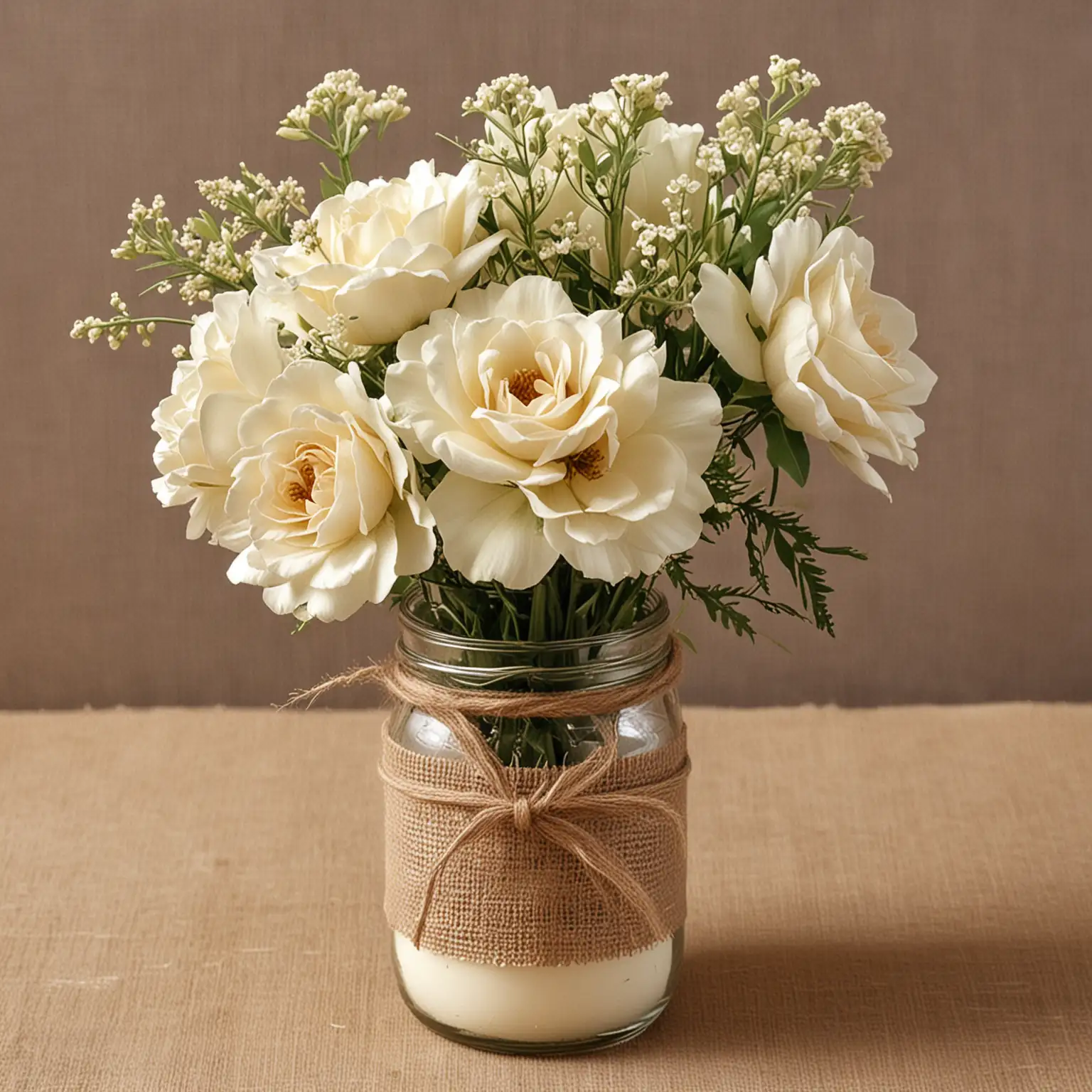 a simple DIY vintage wedding table centerpiece using a jar painted in distressed ivory and decorated with rustic burlap and twine, and filled with soft ivory flowers
