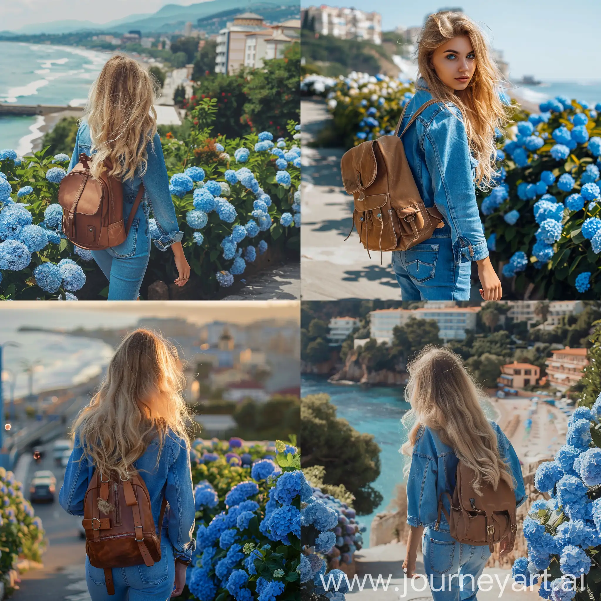 Blonde-Girl-in-Blue-Denim-Suit-Walking-by-Hydrangea-Bushes-and-Azure-Sea