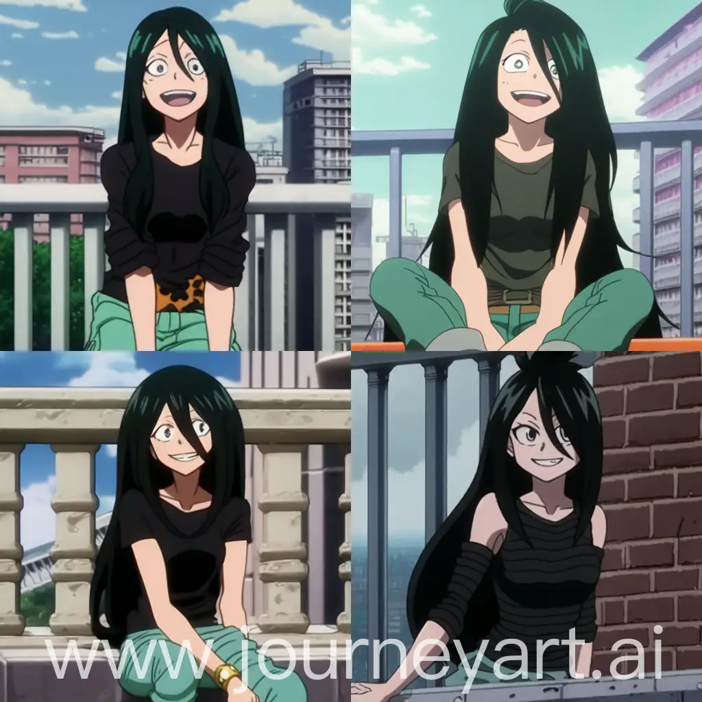 Screenshot screencap anime Boku no hero academia, a 16 years old girl, very attractive and angelic looking, long thick straight black hair, mint green highlights, deep and sharp golden eyes, long lashes, with a cropped black t-shirt that has a white skull on it and ripped jeans with fishnet accessories, sitting on her balcony, happy expression