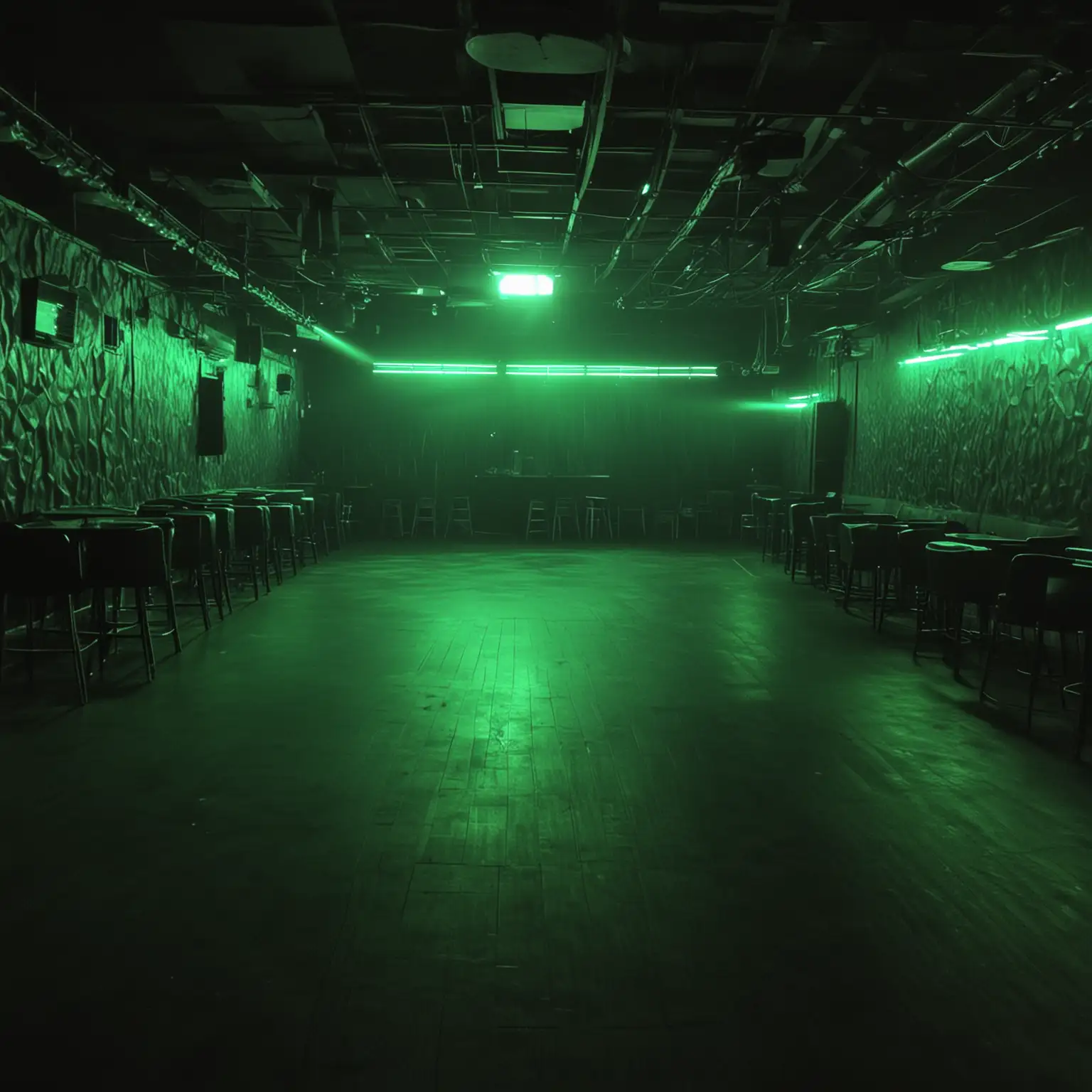 an empty dim lit, green light, night club