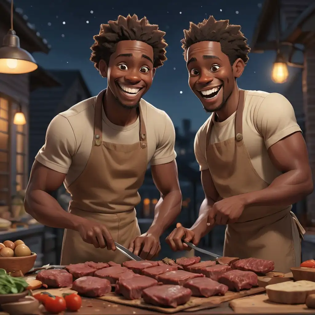 defined 3D Cartoon-style African American men preparing meat at  night
smiling