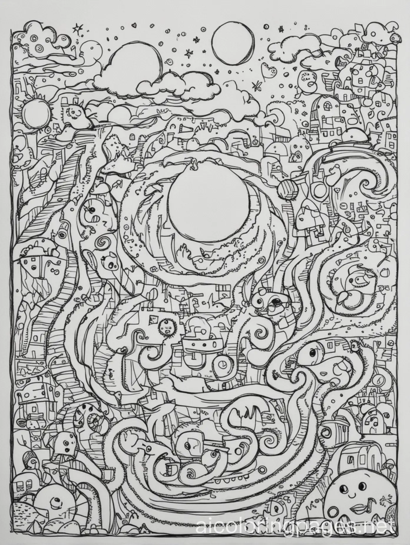 doodles, Coloring Page, black and white, line art, white background, Simplicity, Ample White Space. The background of the coloring page is plain white to make it easy for young children to color within the lines. The outlines of all the subjects are easy to distinguish, making it simple for kids to color without too much difficulty
