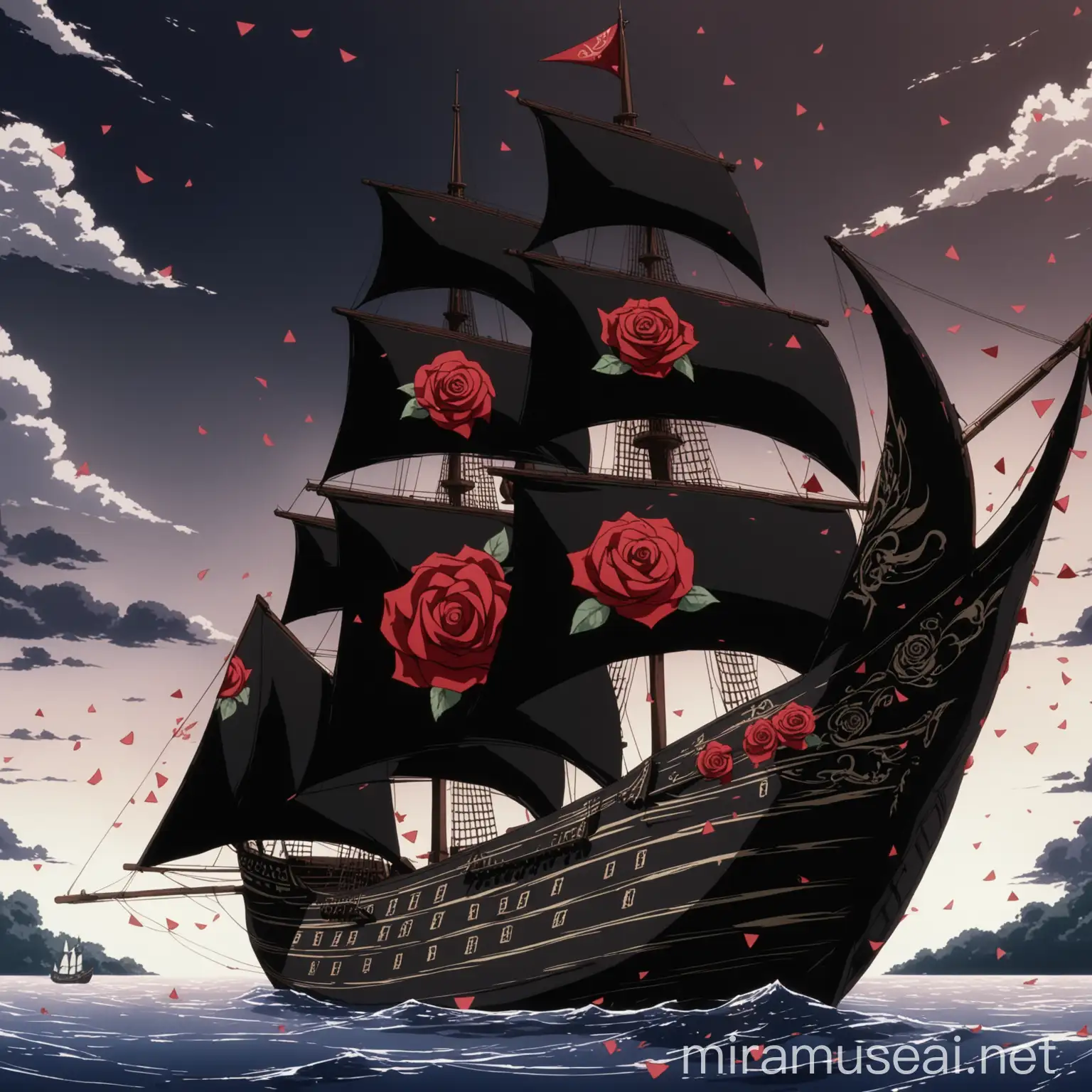 Elegant Black Wooden Ship with Rose Paintings in Anime Style