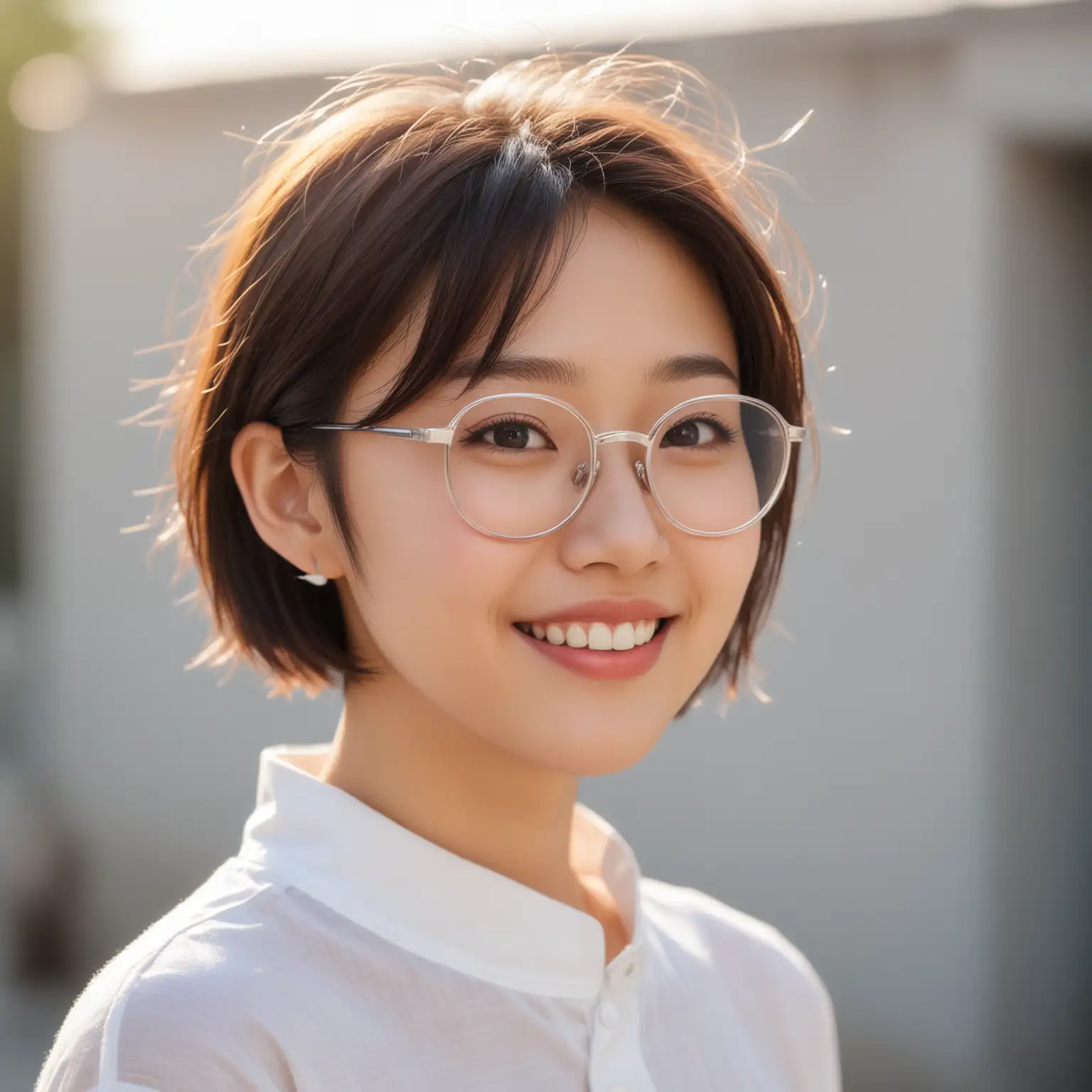 Chinese girl, wearing white clothes, wearing glasses, short hair, sunny smile, side profile