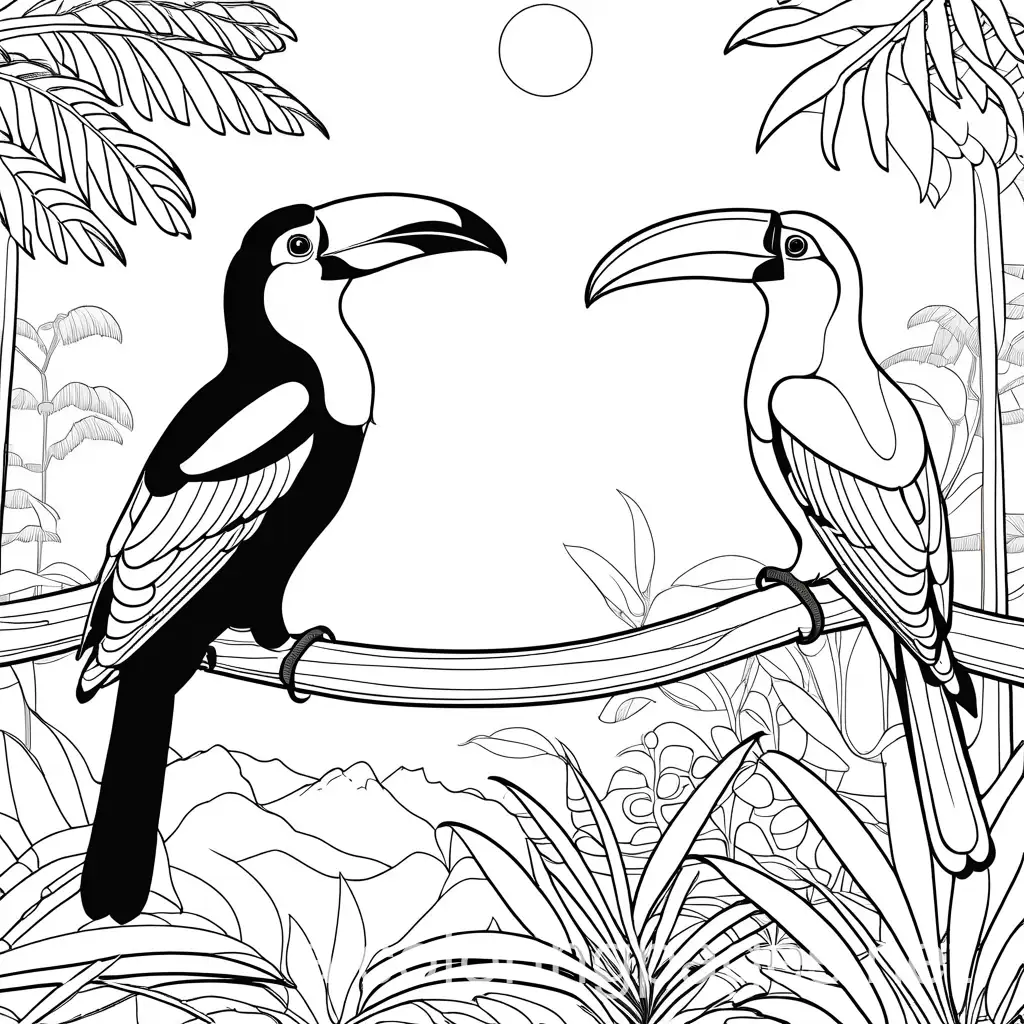 Toucans in the zoo, coloring book photo, thick lines, no shading, black and white, remove black color, Coloring Page, black and white, line art, white background, Simplicity, Ample White Space. The background of the coloring page is plain white to make it easy for young children to color within the lines. The outlines of all the subjects are easy to distinguish, making it simple for kids to color without too much difficulty