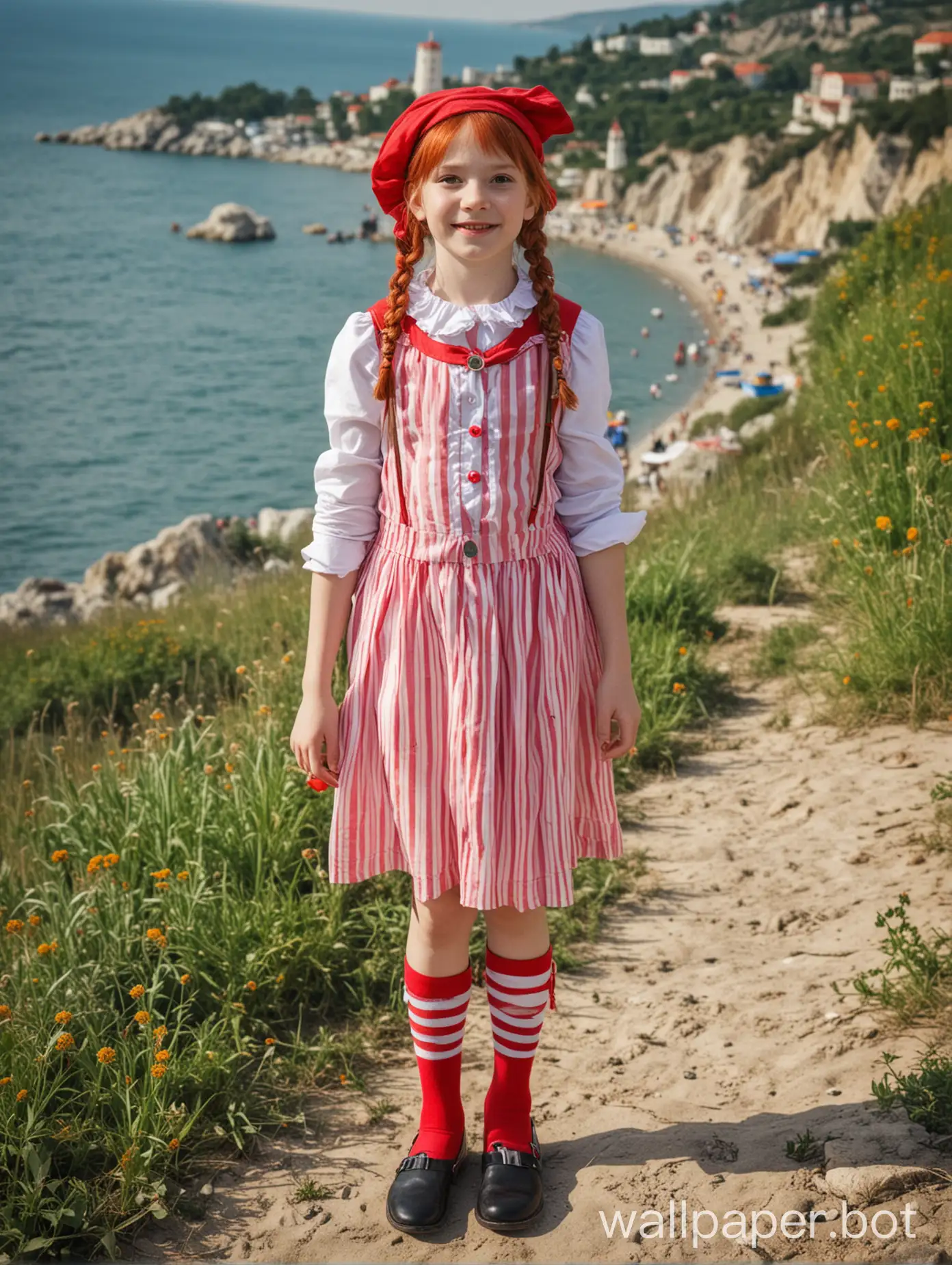 Крым, вид на море, девочка 10 лет в образе Пеппи длинный чулок, в полный рост, косплей