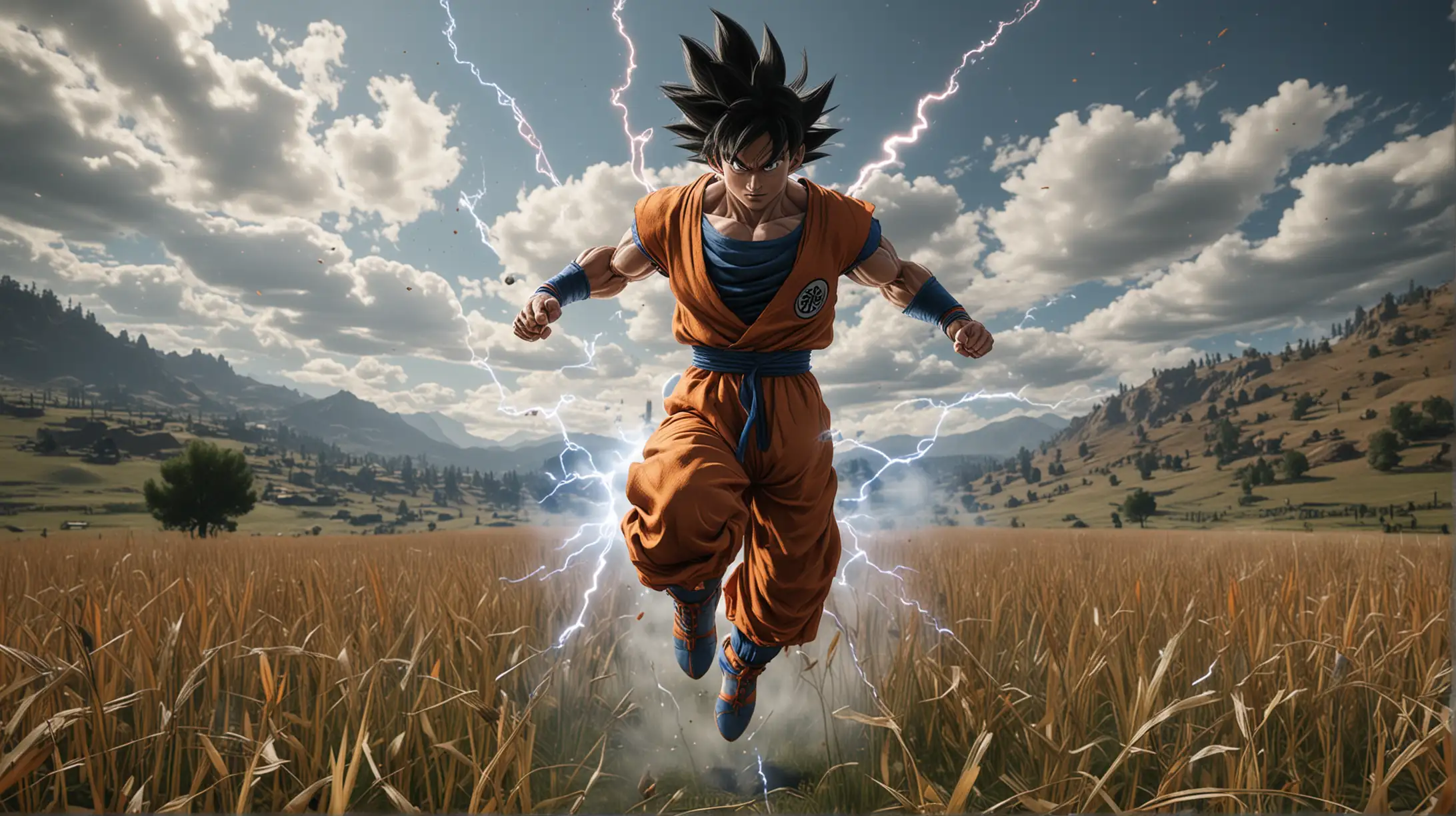 Goku Ultra Instinct Flying Over Open Field