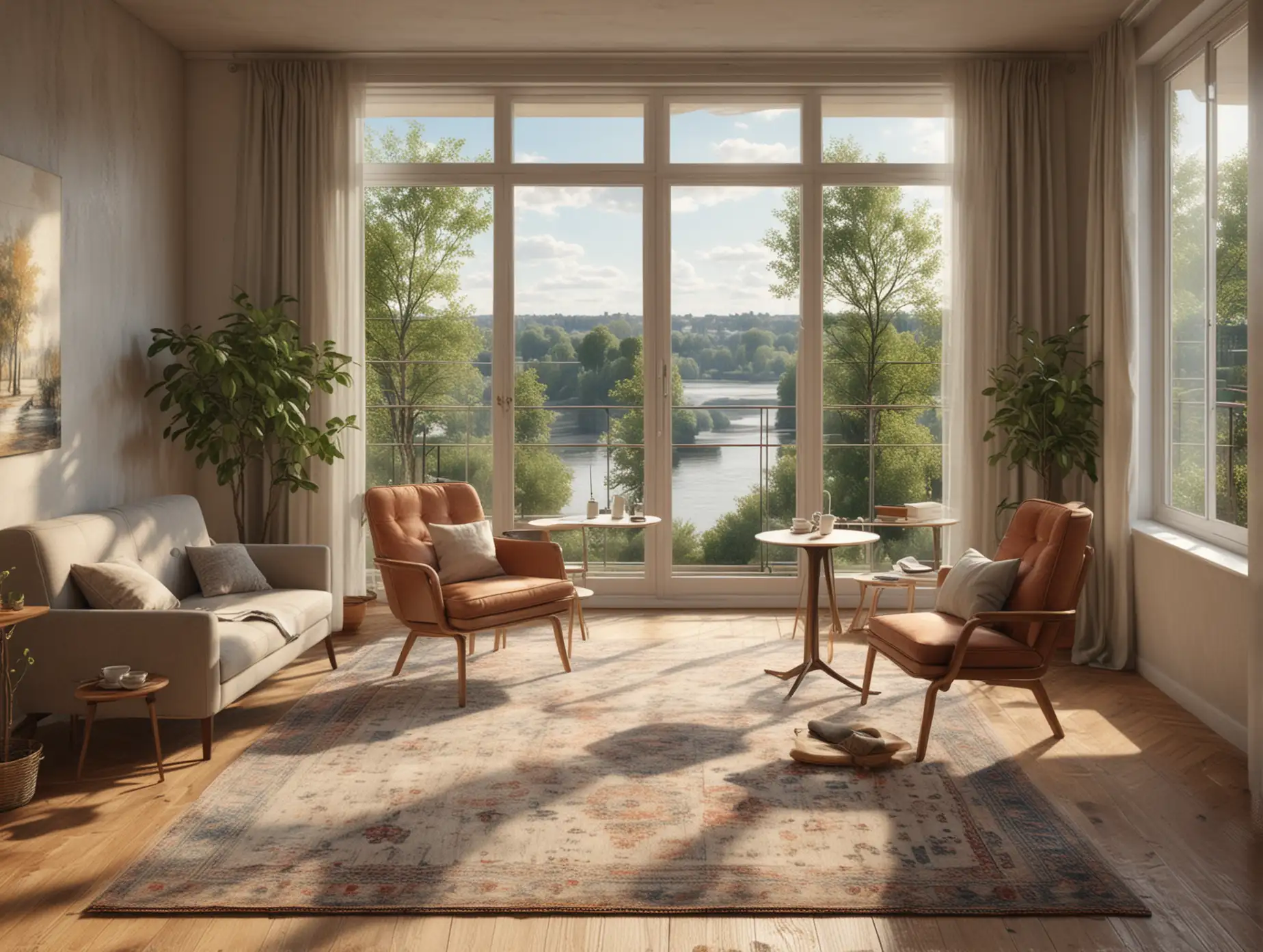 Modern-Interior-Scene-Girl-Enjoying-Tea-by-Sunlit-Window-Overlooking-River