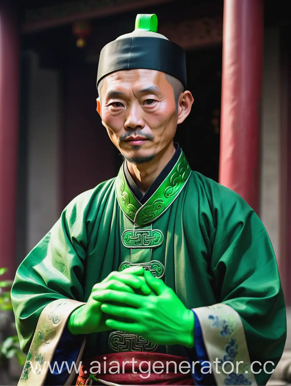 Elderly-Chinese-Man-in-Traditional-Attire-with-Vibrant-Green-Hands