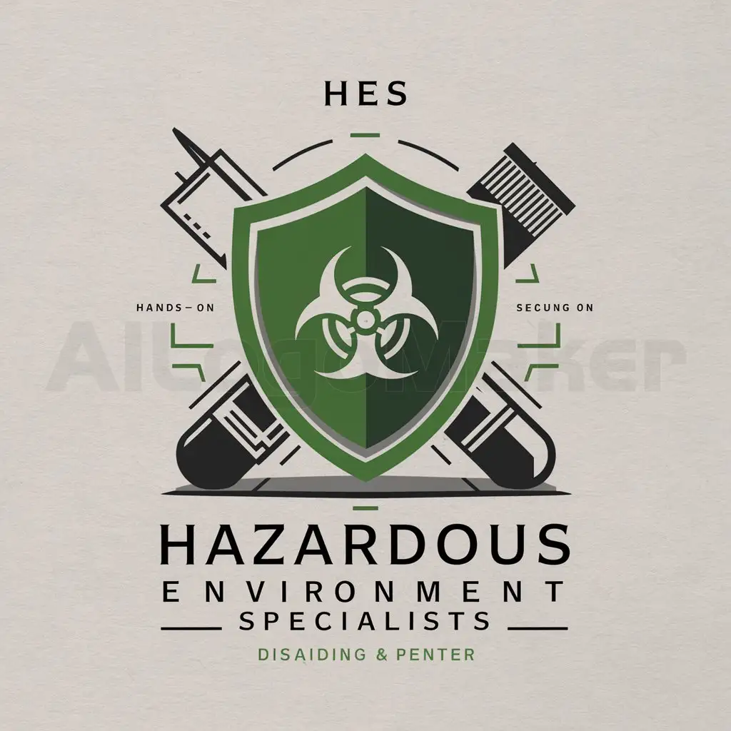 a logo design,with the text "HES", main symbol:Shield Icon: A central shield icon to represent protection and security. Biohazard Symbol: Incorporate a biohazard symbol subtly within the shield to signify the focus on hazardous environments. Crossed Tools: Behind or overlaid on the shield, include crossed sampling tools (like a pipette and a sampling vial) to represent fieldwork and sample collection. Color Scheme: Use a combination of green (safety and environment), black (seriousness and strength), and white (cleanliness and purity). Text: Below the shield, include the division name “Hazardous Environment Specialists” and the acronym “HES” prominently. Design Details: Shield Icon: The shield should be bold and simple, with a clean outline. Biohazard Symbol: Place the biohazard symbol in the center of the shield but keep it slightly transparent or as an outline to avoid overpowering the design. Crossed Tools: Position the tools in an X shape behind or overlaid on the shield to show the active, hands-on nature of the HES team. Color Scheme: Use green for the shield, black for the biohazard symbol and tools, and white for any text and highlights. Text: Use a strong, sans-serif font for readability. “Hazardous Environment Specialists” can be in smaller text below, with “HES” in larger text above or integrated into the shield. Logo Layout: Top Part: The shield with the biohazard symbol in the center and the crossed tools behind. Bottom Part: The text “HES” prominently displayed, with “Hazardous Environment Specialists” in a smaller font below.,complex,be used in Medical industry,clear background