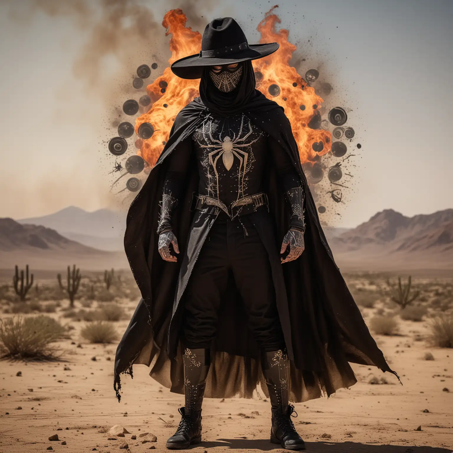  Hombre alto  vestido completamente de  negro con máscara  negra, capa y sombrero  negro con una araña tatuada en el traje, rodeado de círculos de fuego en combate en actitud de mando y pelea rodeadas de círculos de fuego, y en medio y de fondo el desierto 