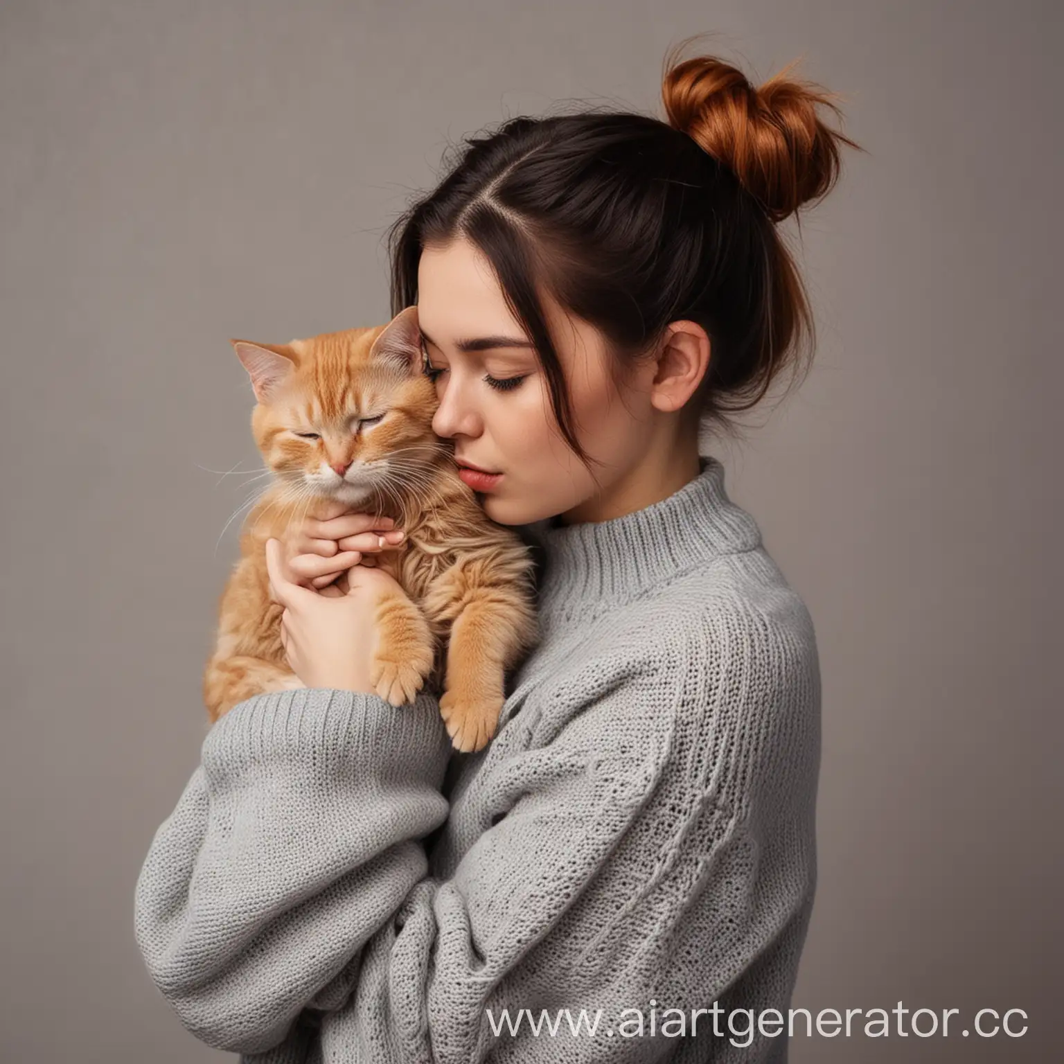 Girl-with-Dark-Hair-in-Gray-Sweater-Kissing-Ginger-Cat