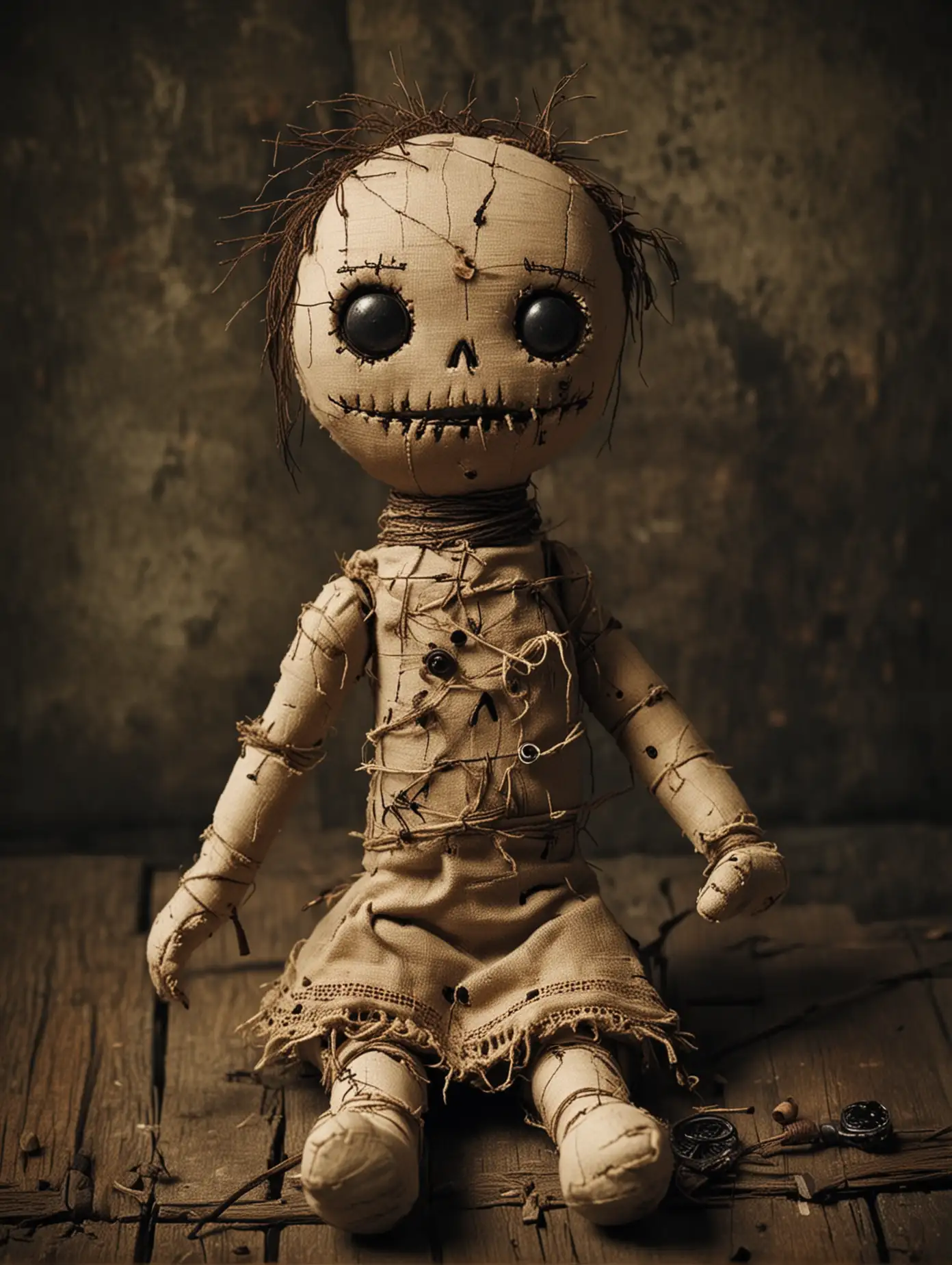 Creepy Voodoo Doll with Mystical Symbols and Dark Background