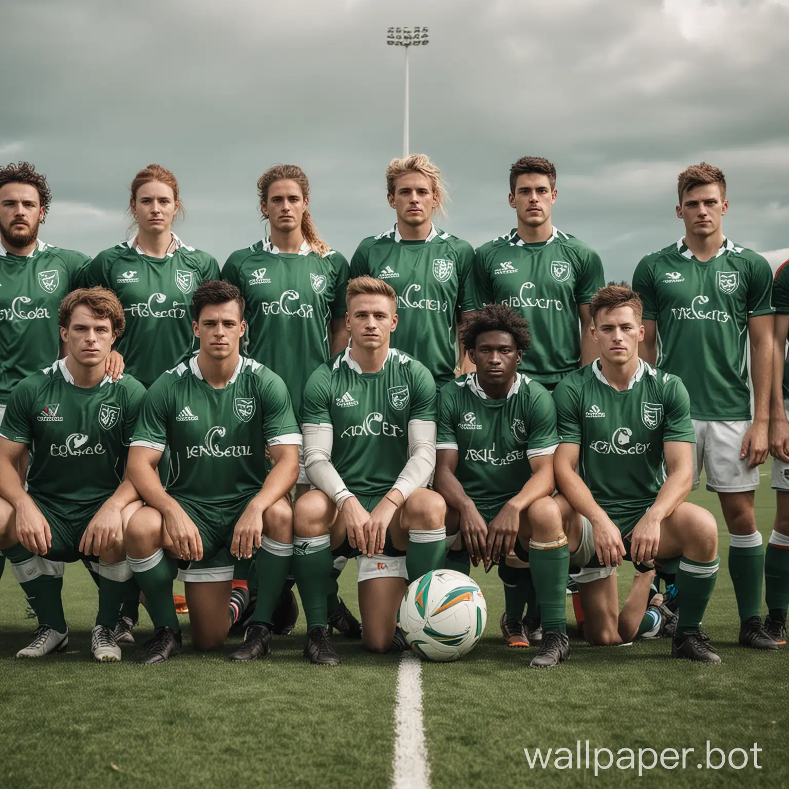a team taking a team photo playing some futuristic sport, the sport is biased of rugby and soccer. the team colors are white and green , the players come from all backgrounds.