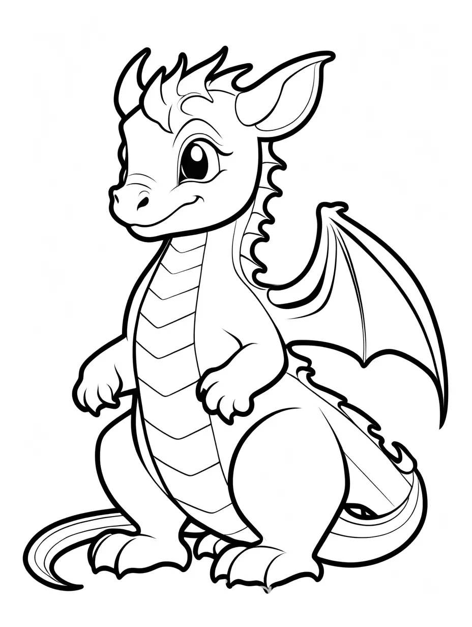 coloring book page of dragon,black and white, cute, Coloring Page, black and white, line art, white background, Simplicity, Ample White Space. The background of the coloring page is plain white to make it easy for young children to color within the lines. The outlines of all the subjects are easy to distinguish, making it simple for kids to color without too much difficulty