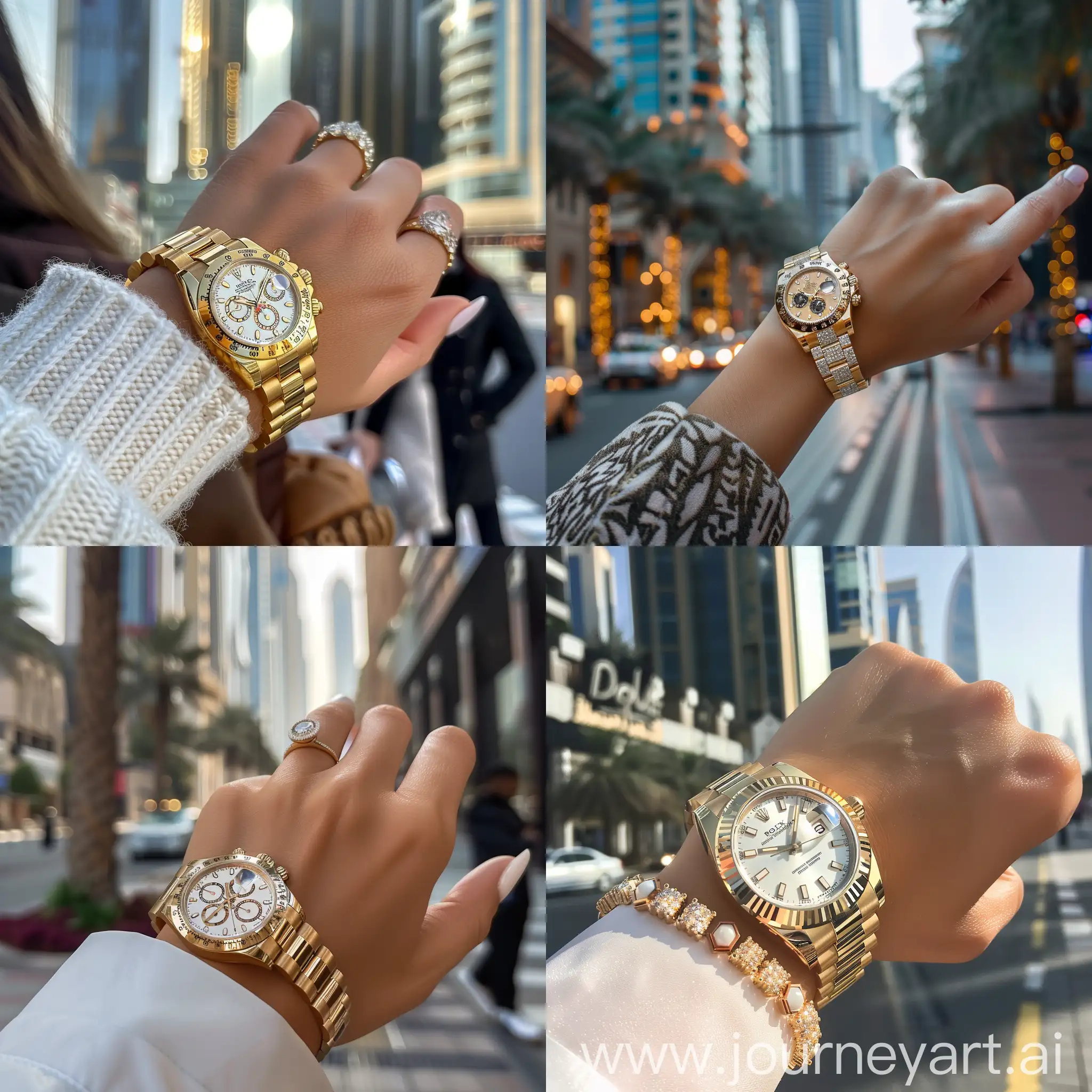 Elegant-Womans-Hand-Wearing-Diamond-Rolex-Watch-in-Dubai-Downtown