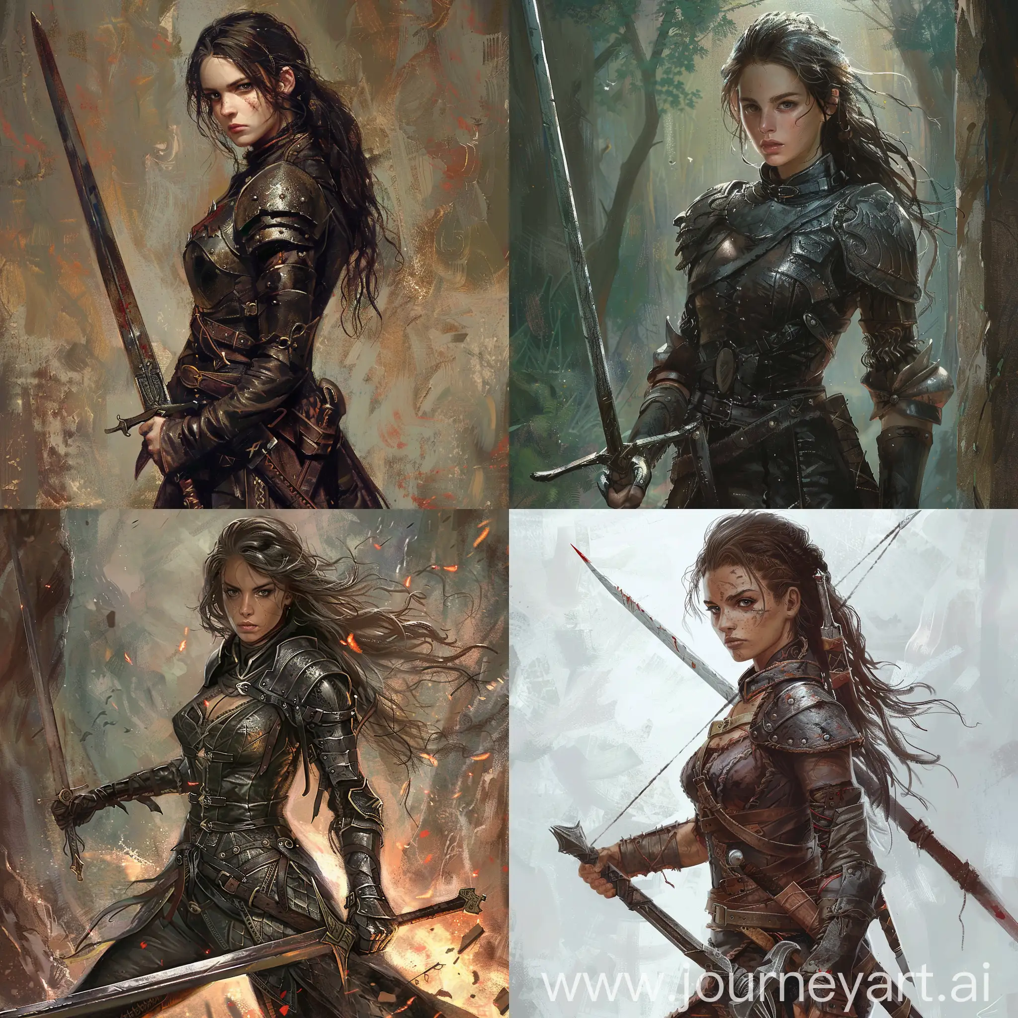 Девушка воин в кожаной броне с длинным мечом, фентези арт