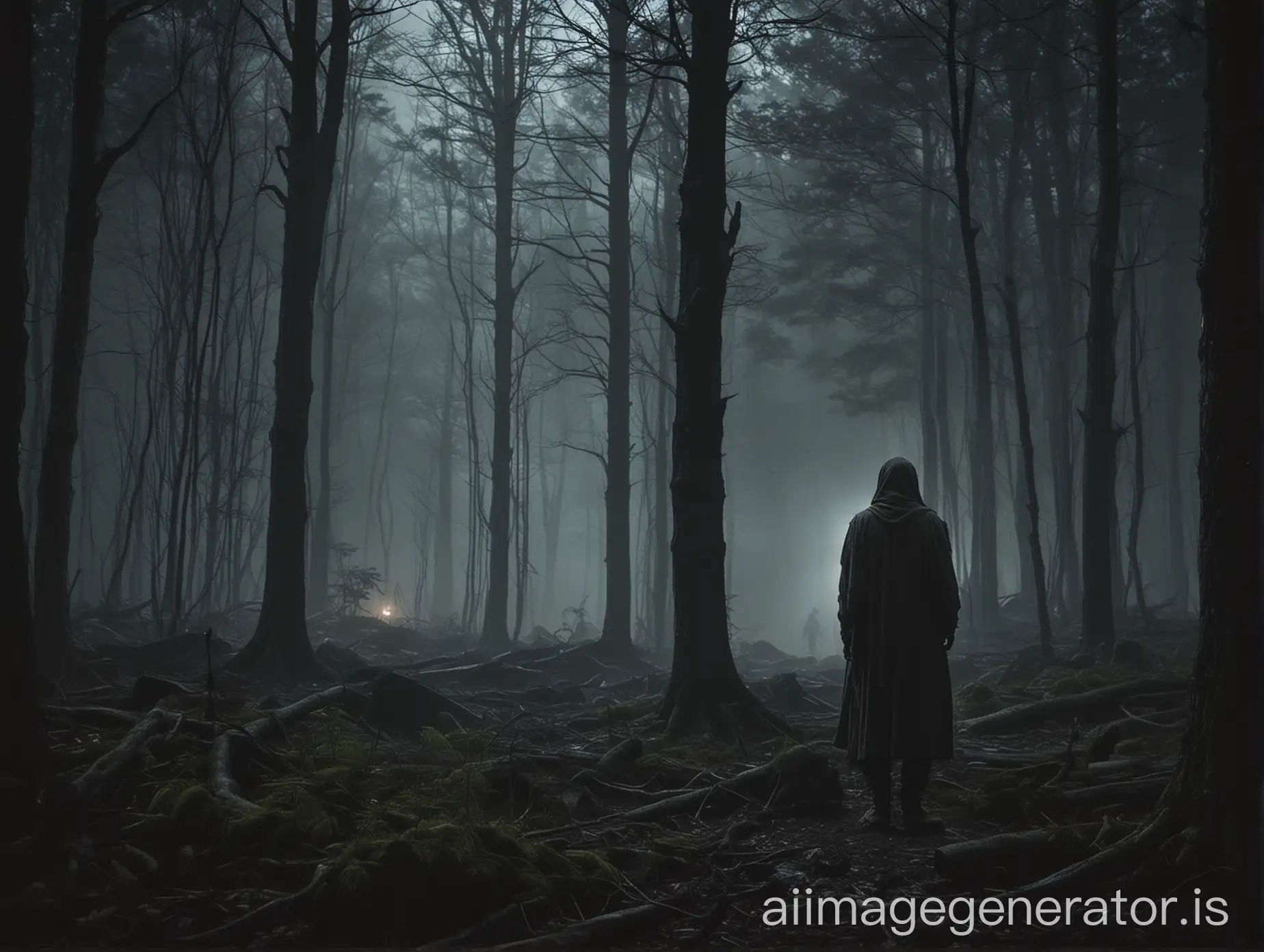 Mysterious-Figure-in-Moonlit-Forest-with-Hidden-Encampment