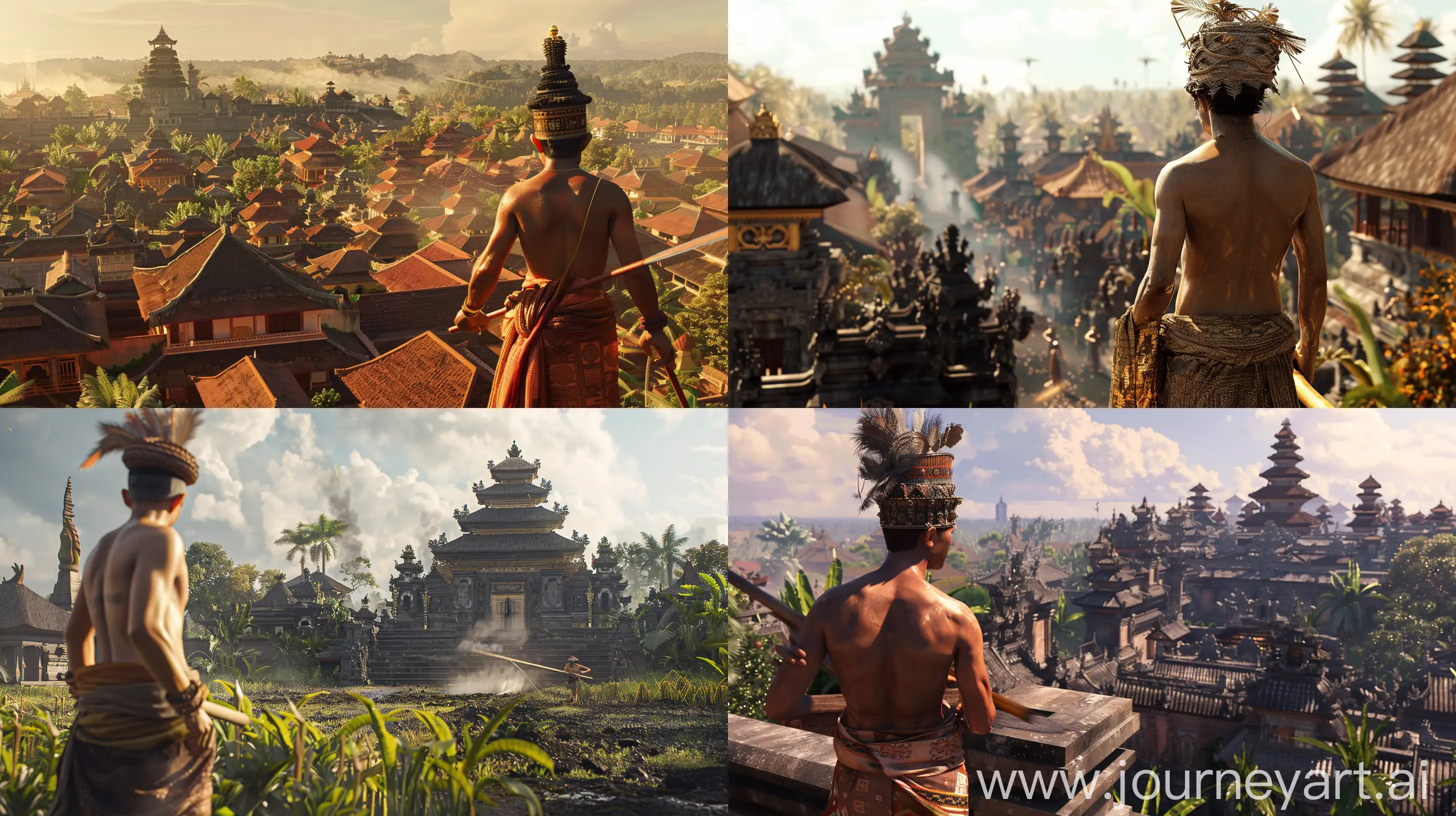 Indonesian Sunda Kingdom, ultra-realistic, especially the Pajajaran Sultanate. In the distance you can see a man wearing ancient Balinese traditional clothes, without a shirt, wearing a udeng on his head, he is sweeping around the kingdom. adds a cinematic touch to the scene, cinematic. super realistic, nice detail, --v 6 --ar 16:9