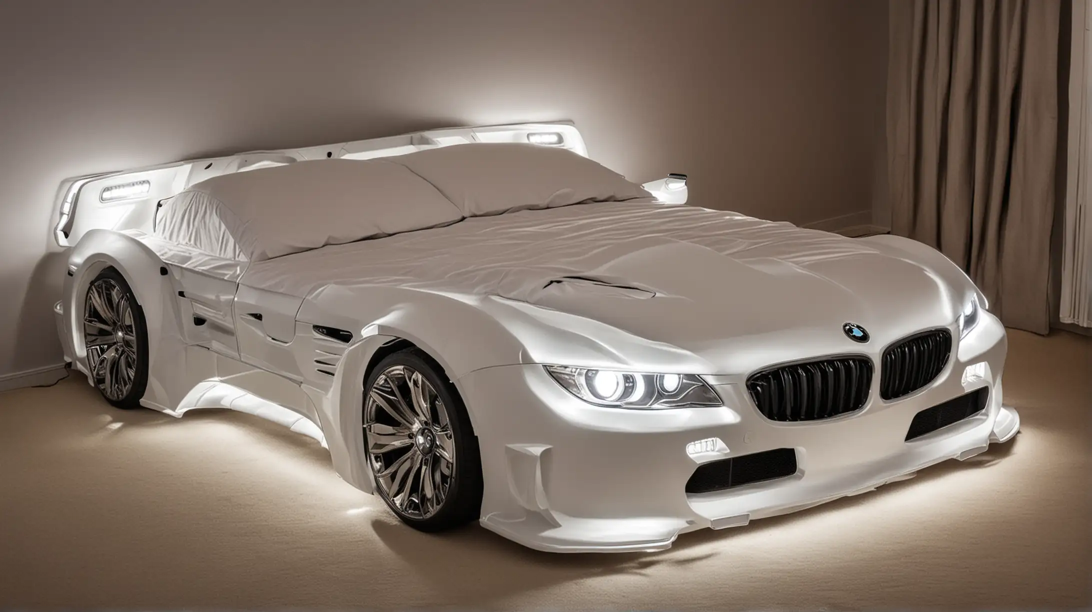 double bed in the shape of a BMW car with headlights on