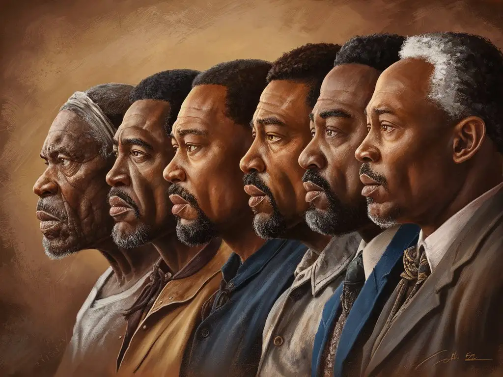 Create oil painting of 5 generations of black men in a profile face position the was oldest man was a slave and show how each generations improves over a course of years to through education to achieve upped mobility.
