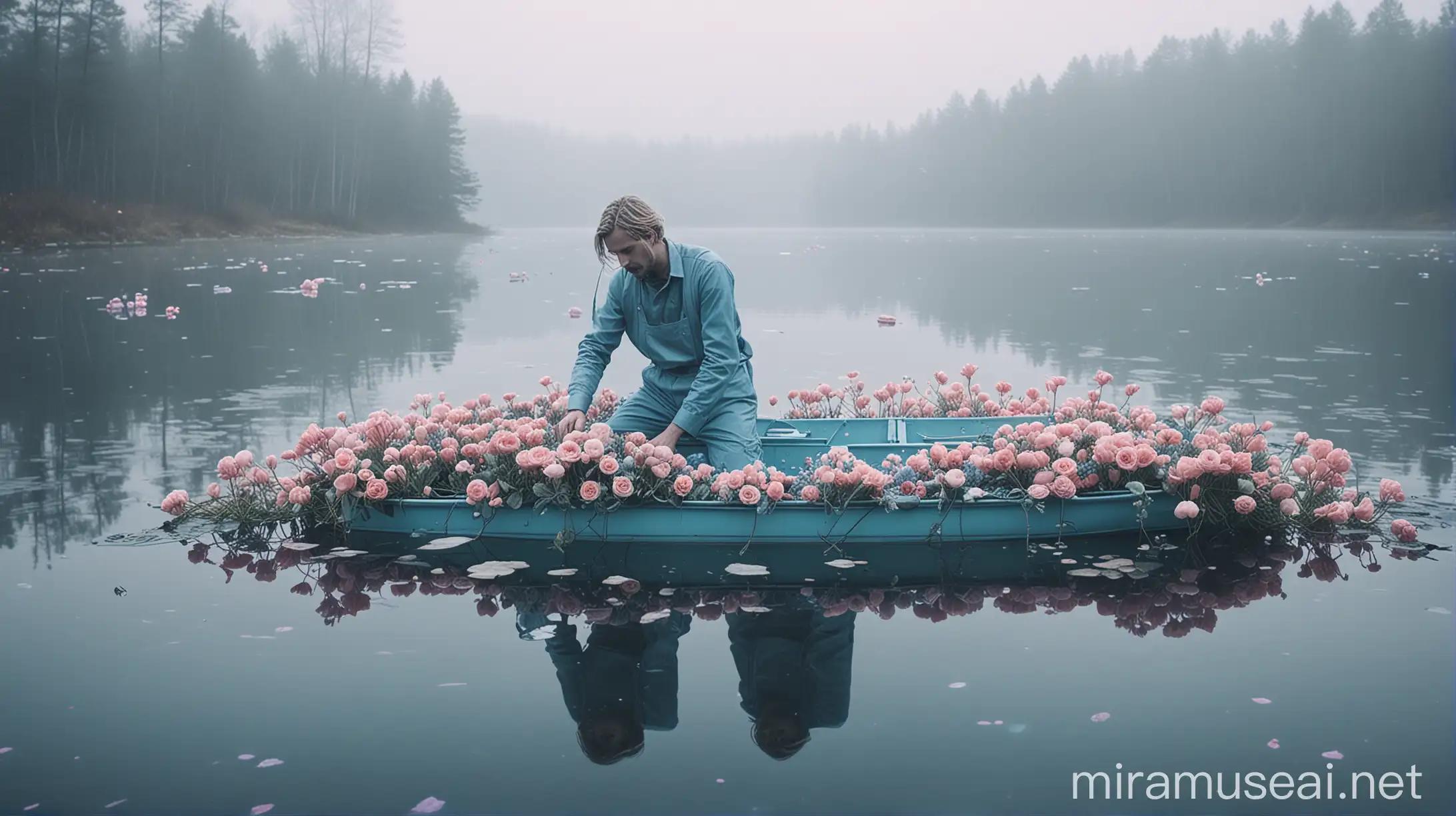 surreal and dreamlike, a trapped journalist celebrate the demise of a florist on a lake, cold blue neon color scheme, scandinavian vibe, diffused pale light, saturated, pastel, dreamy atmosphere, liquid psychedelic
