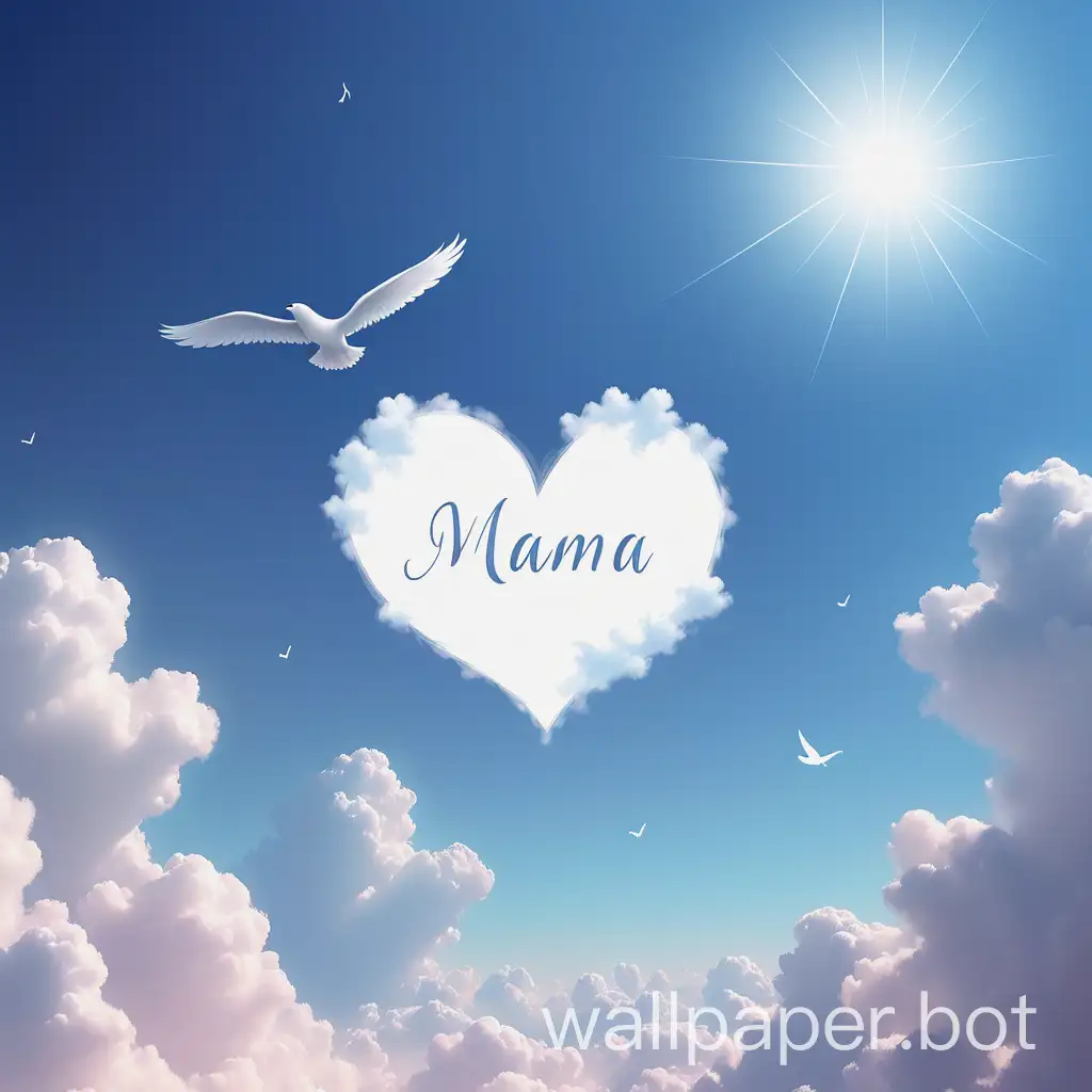 create a wallpaper with sky as background and add a note 'Mama' in white romantic font and add love symbol at last