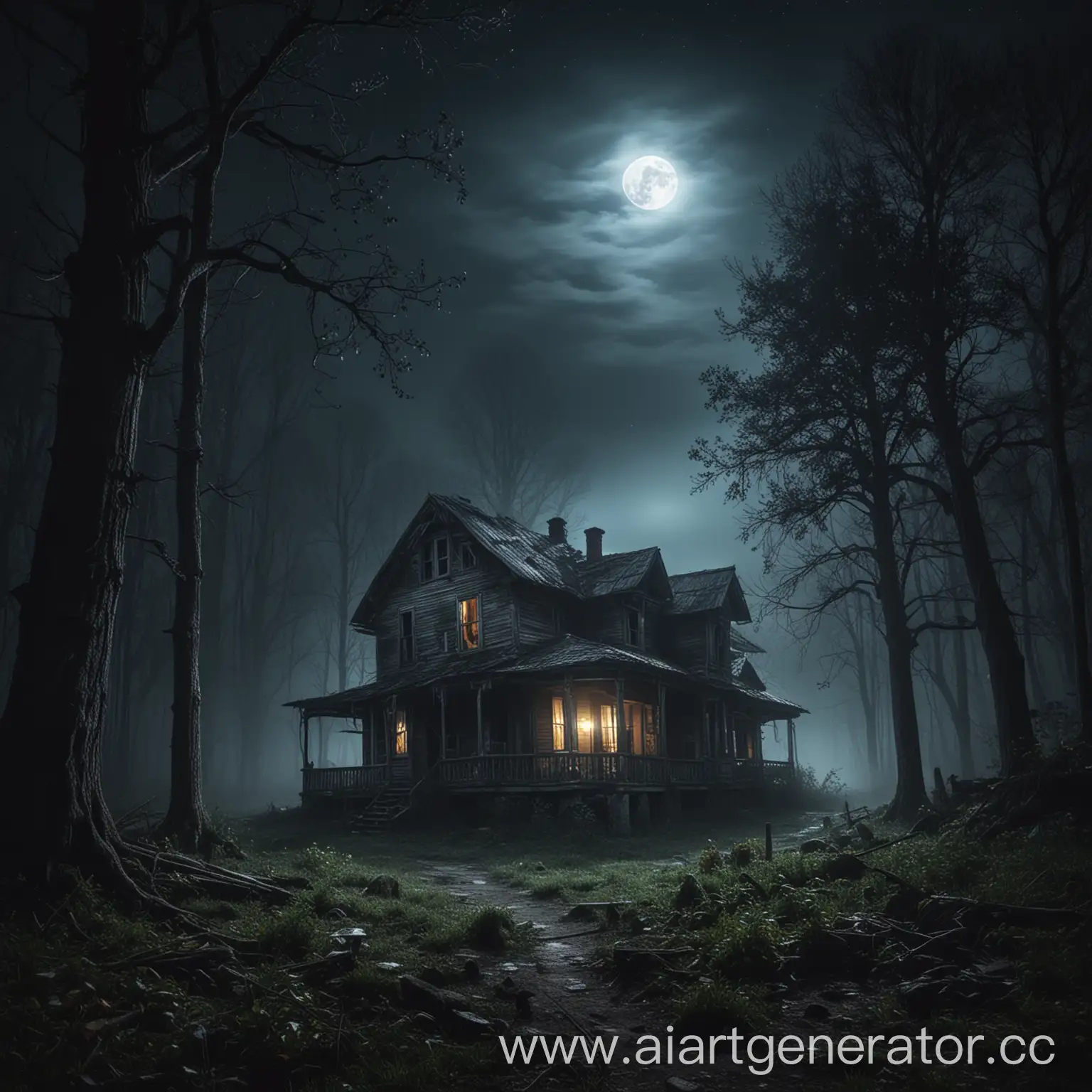 старый заброшенный дом в лесу, луна, ночь. тьма . туман 
