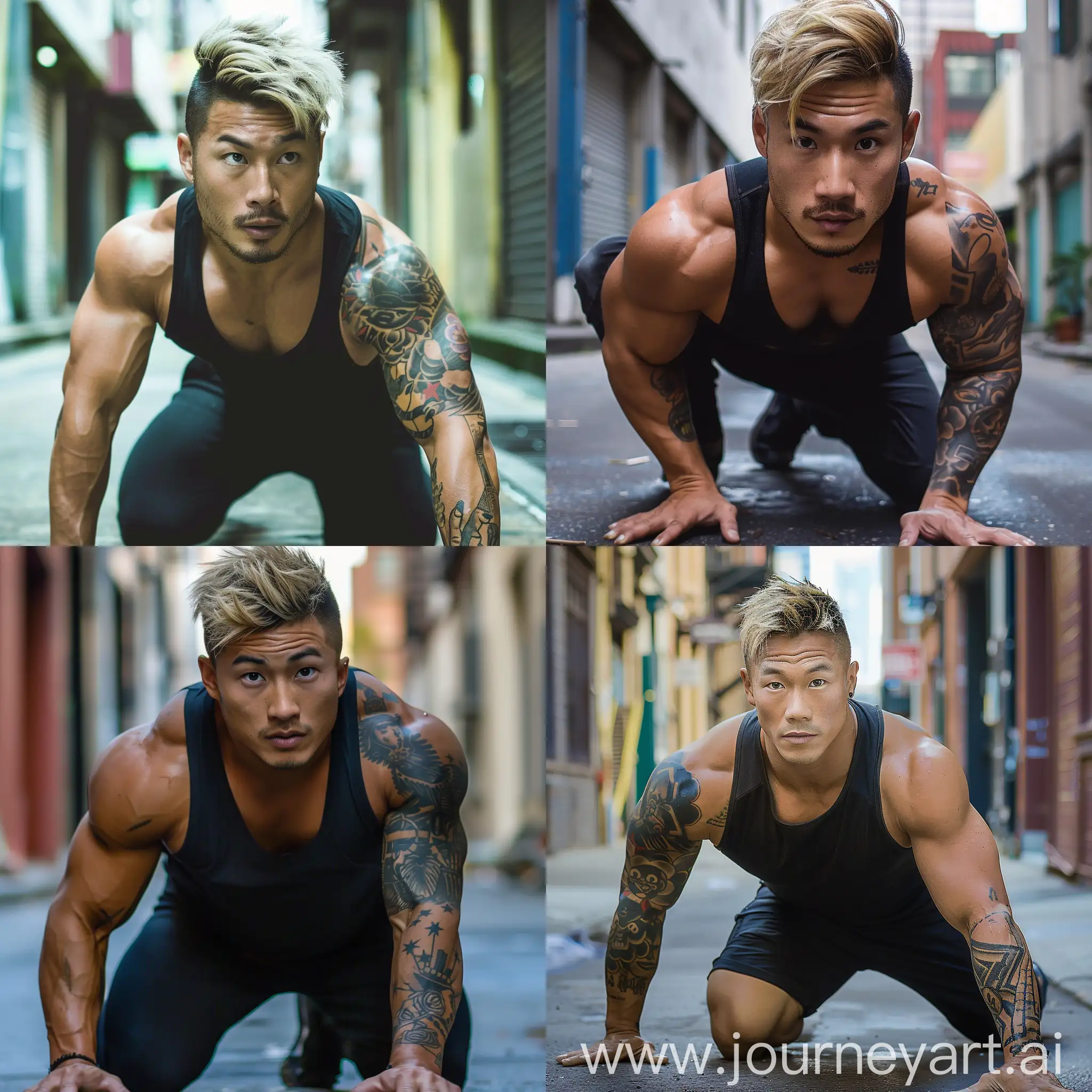 A handsome burly Asian man with blond dyed hair, muscular beefy asian man wearing black tank top, handsome good looking face, crawling on all four,  with one arm covered in tattoos, short blond-dyed hair, at an alley background 