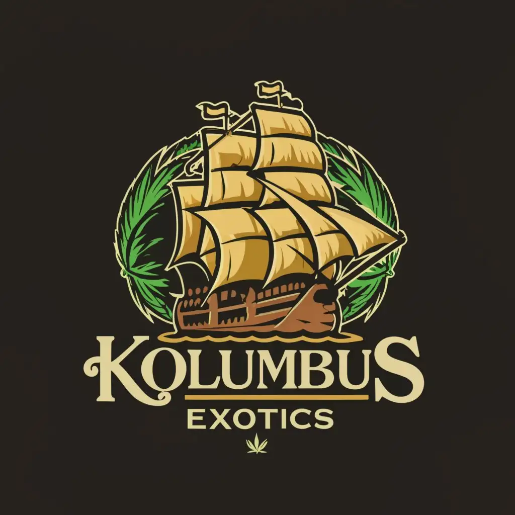 a logo design,with the text "Kolumbus Exotics", main symbol:a ship like in old Spain or Pirates of the Caribbean and marijuana cannabis leaves instead of sails. Exchange sails with green cannabis leaves. No normal sails. Exchange sails with marijuana leaves. The name of the company is Columbus Exotics,Moderate,be used in Retail industry,clear background