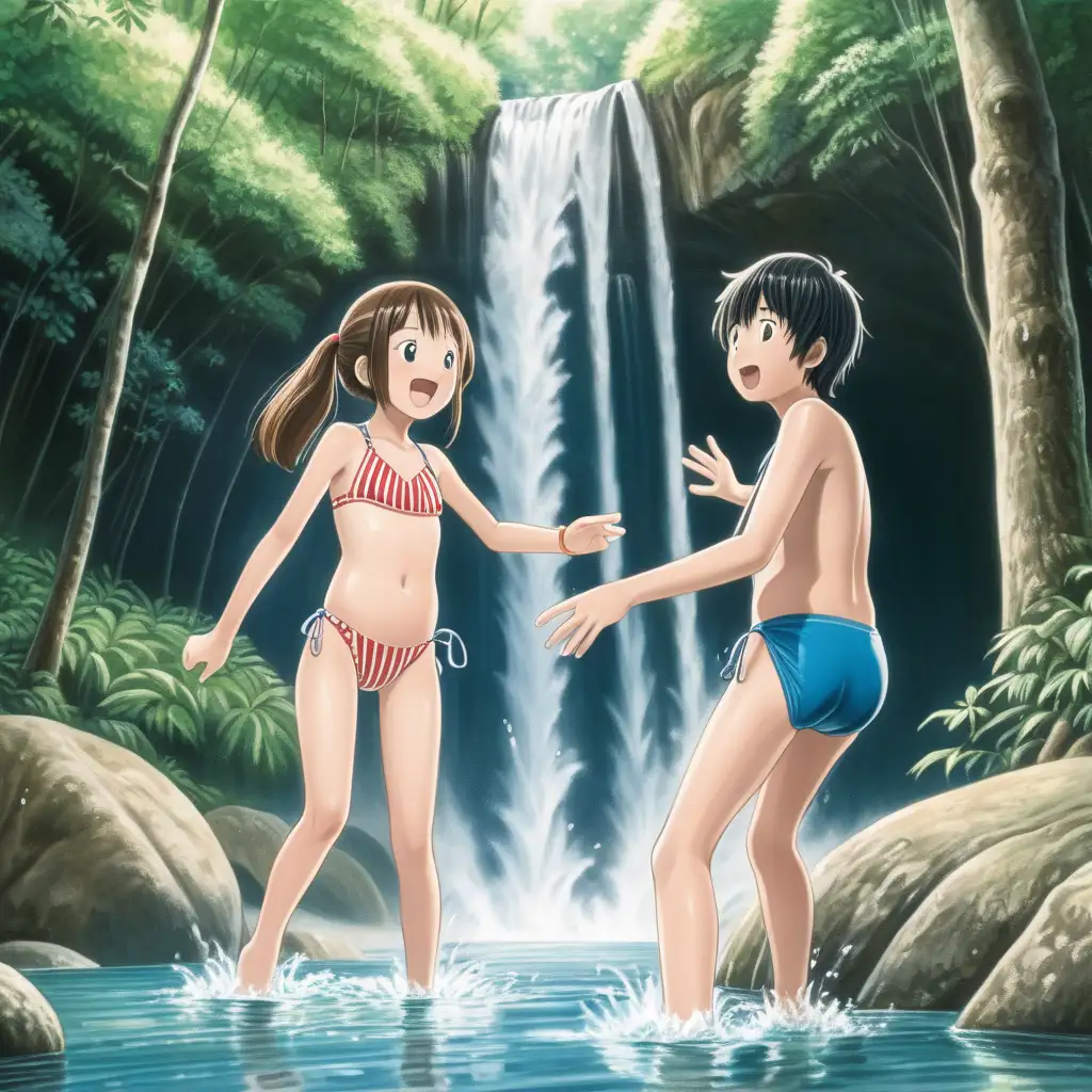 14 year old Japanese girl and boy wearing swimsuit playing together in waterfall in the forest