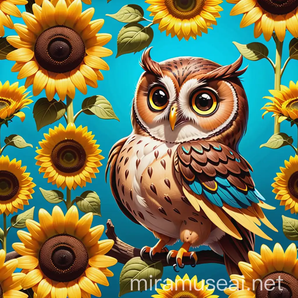 Cheerful Cartoon Owl with Sunflower