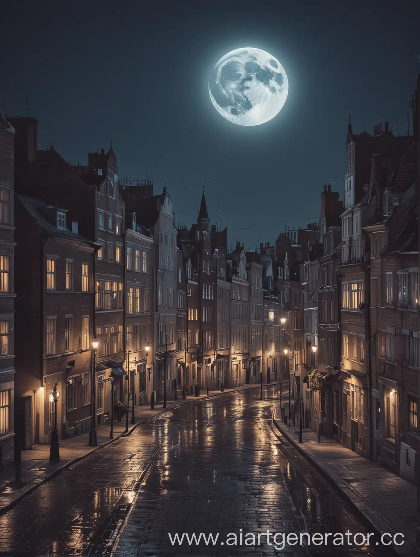 Ночной город с луной над зданиями, романтичная атмосфера, спокойная