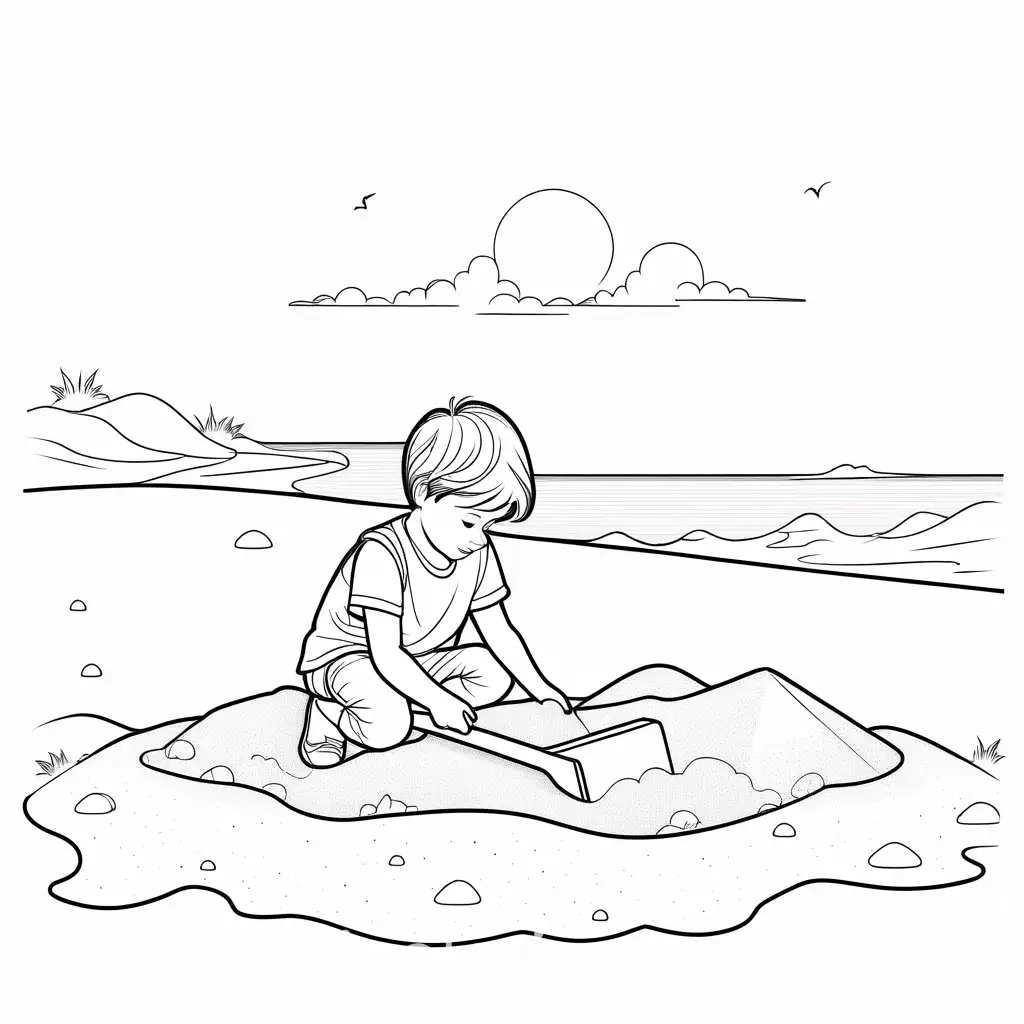 boy playing in the sand box, Coloring Page, black and white, line art, white background, Simplicity, Ample White Space. The background of the coloring page is plain white to make it easy for young children to color within the lines. The outlines of all the subjects are easy to distinguish, making it simple for kids to color without too much difficulty