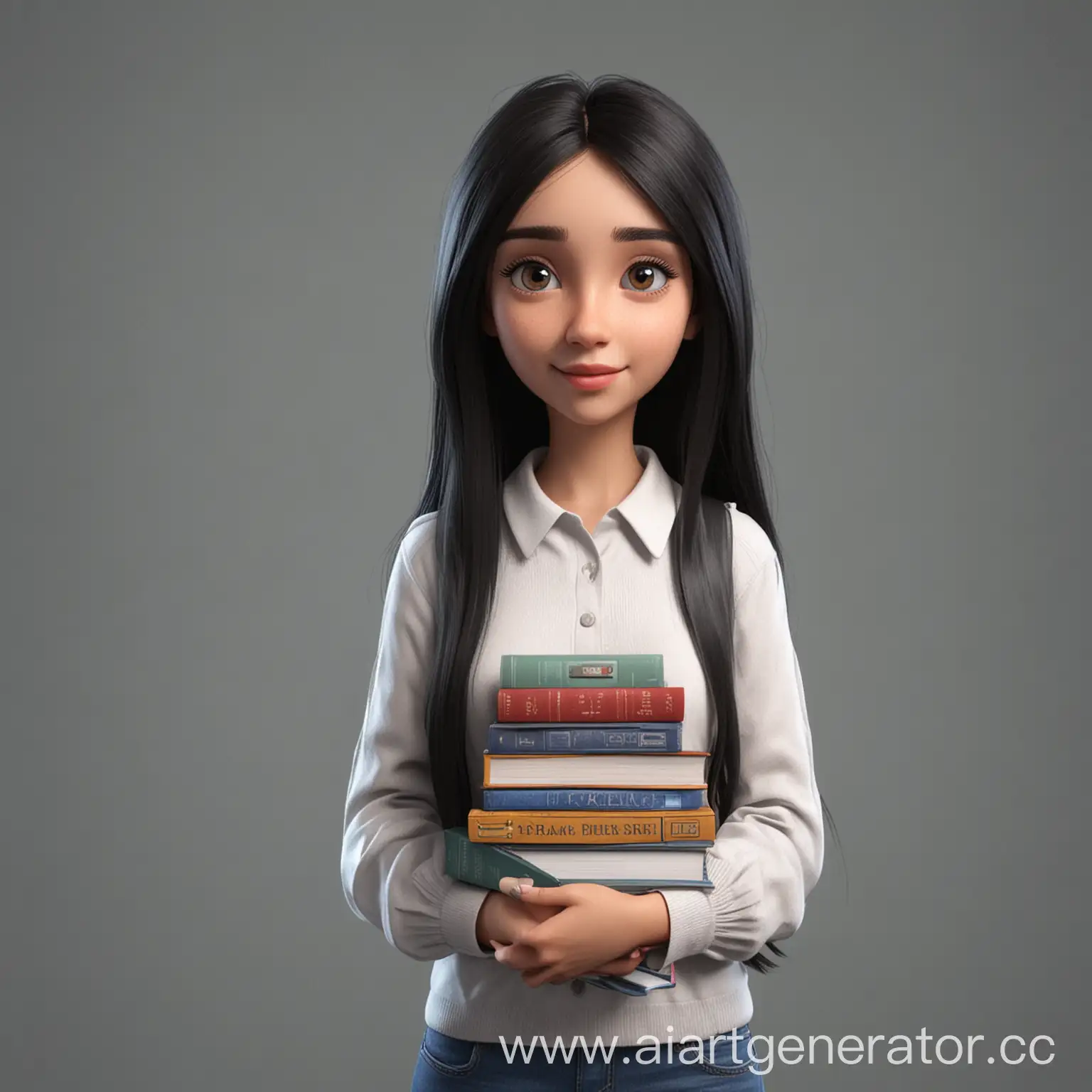 3D девушка с темными волосами, она держит в руке учебники