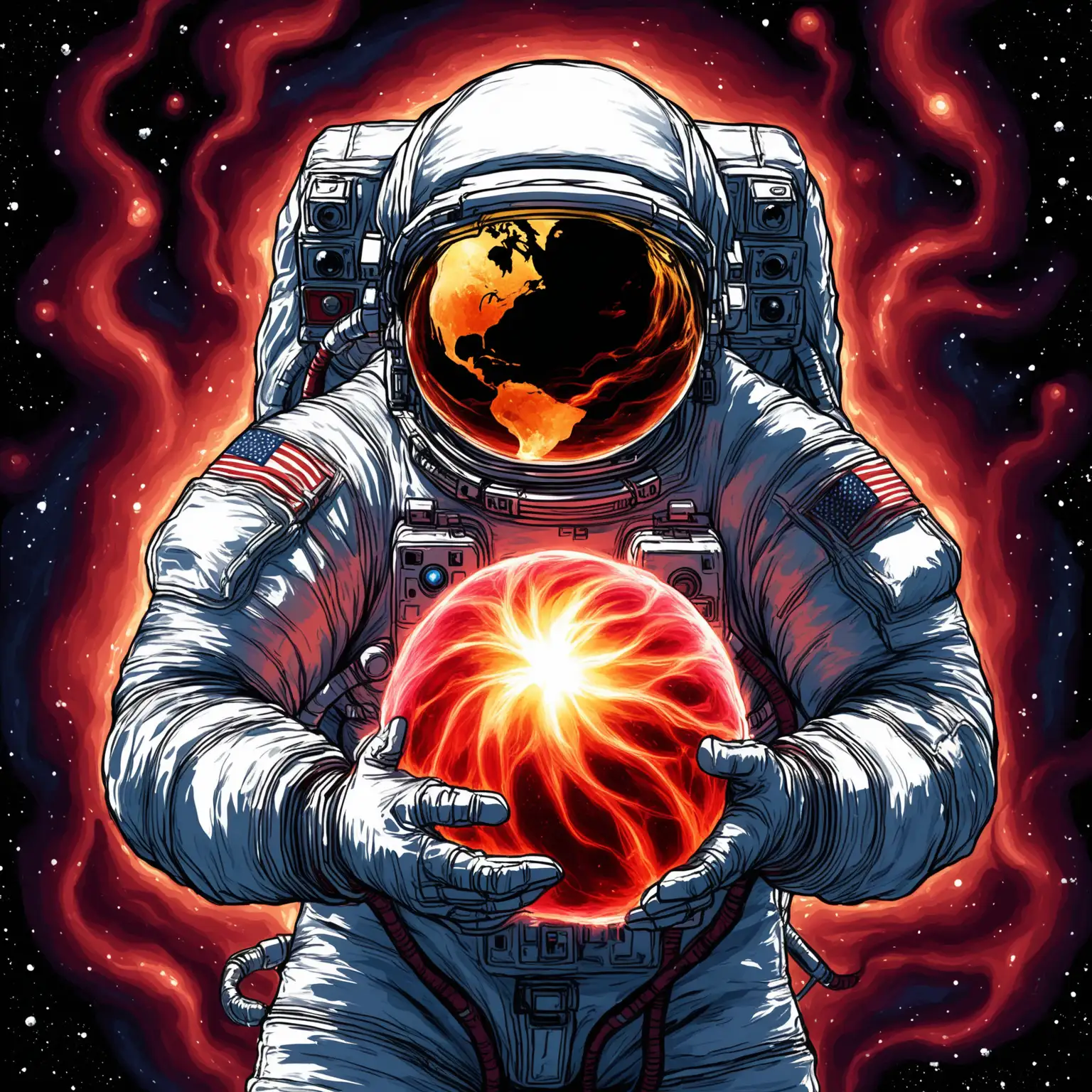 Astronaut Holding Ball of Plasma in Space