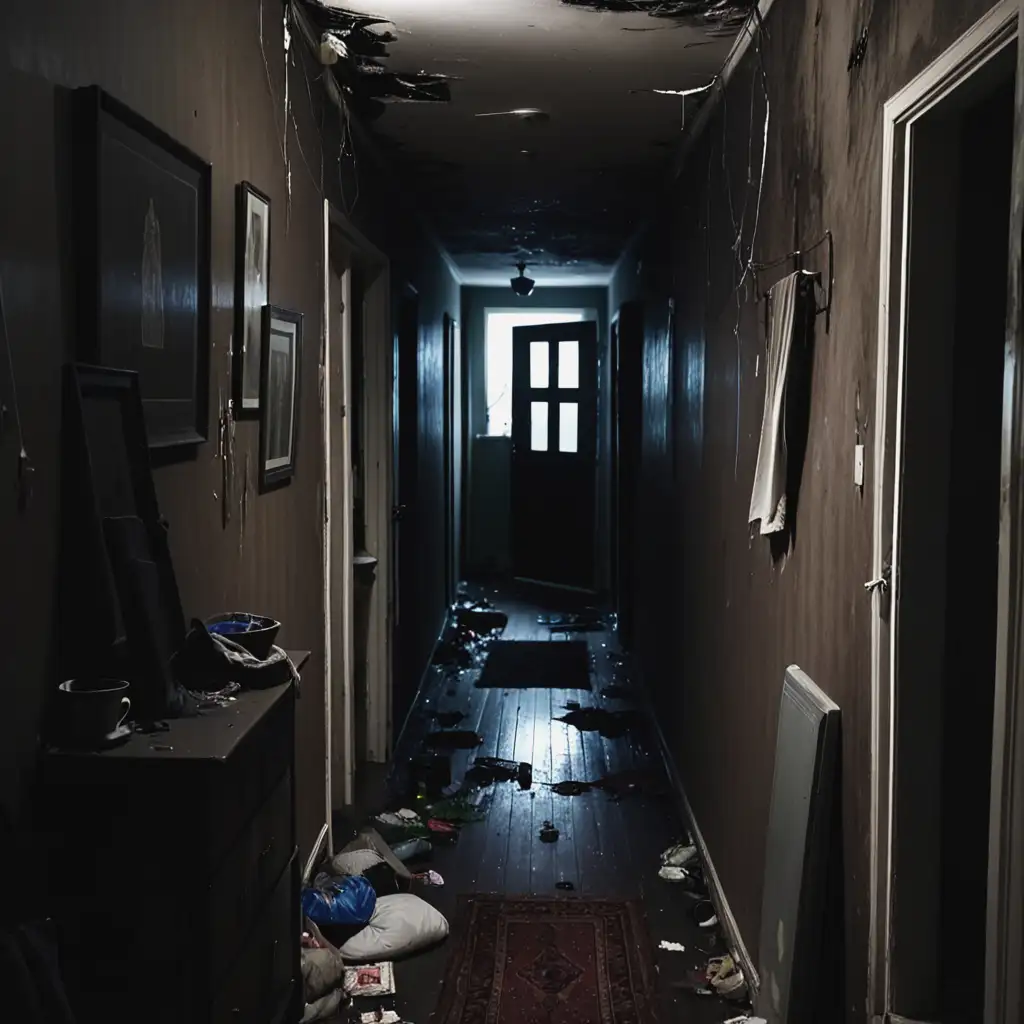 Dimly Lit Hallway in a Modest and Cluttered Home
