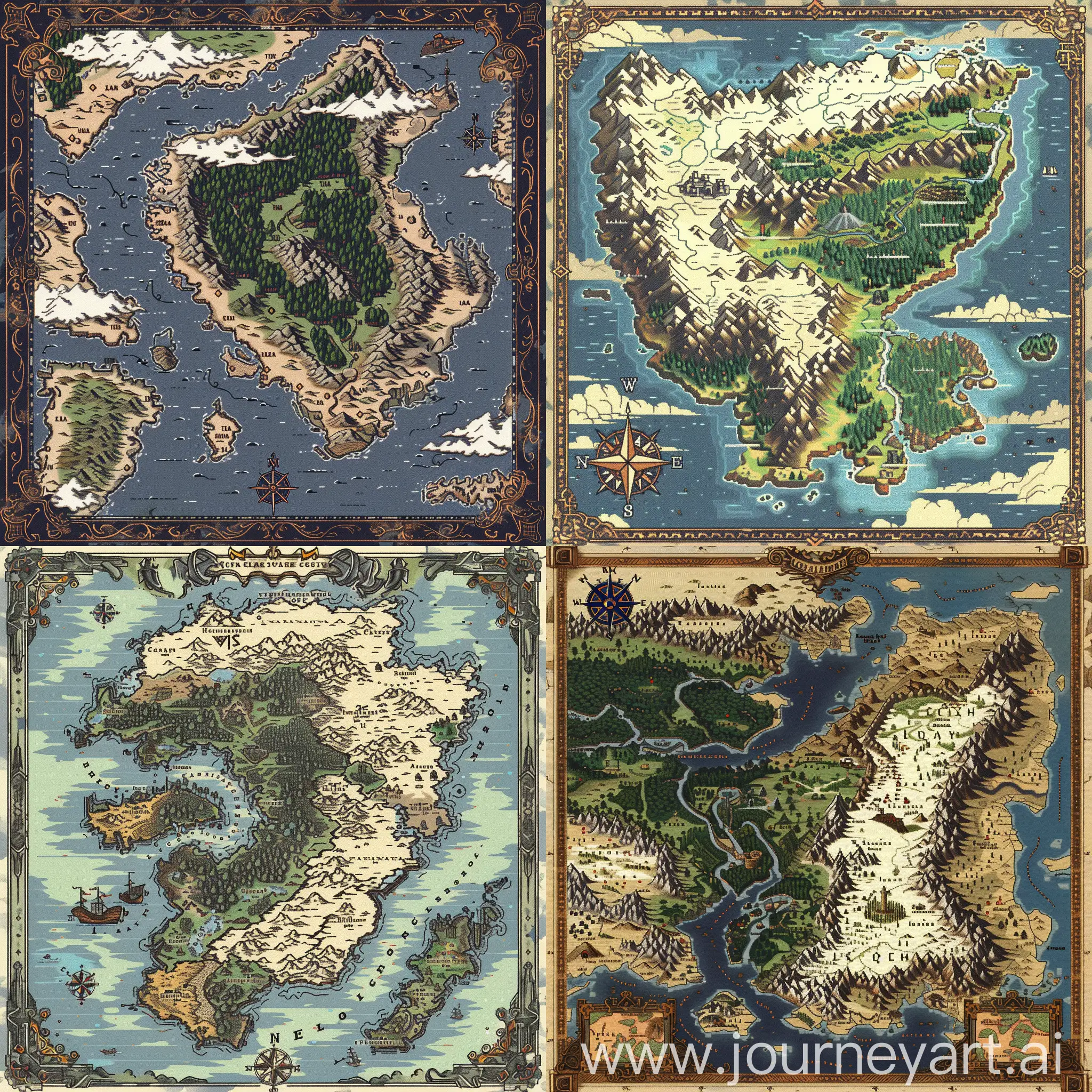 A highly detailed pixel art, middle ages, intricate world map of a large island continent. The map should feature varied terrain, including towering mountain ranges, vast forests, winding rivers, and sprawling coastlines. Include intricate border designs, compass rose, and a decorative title