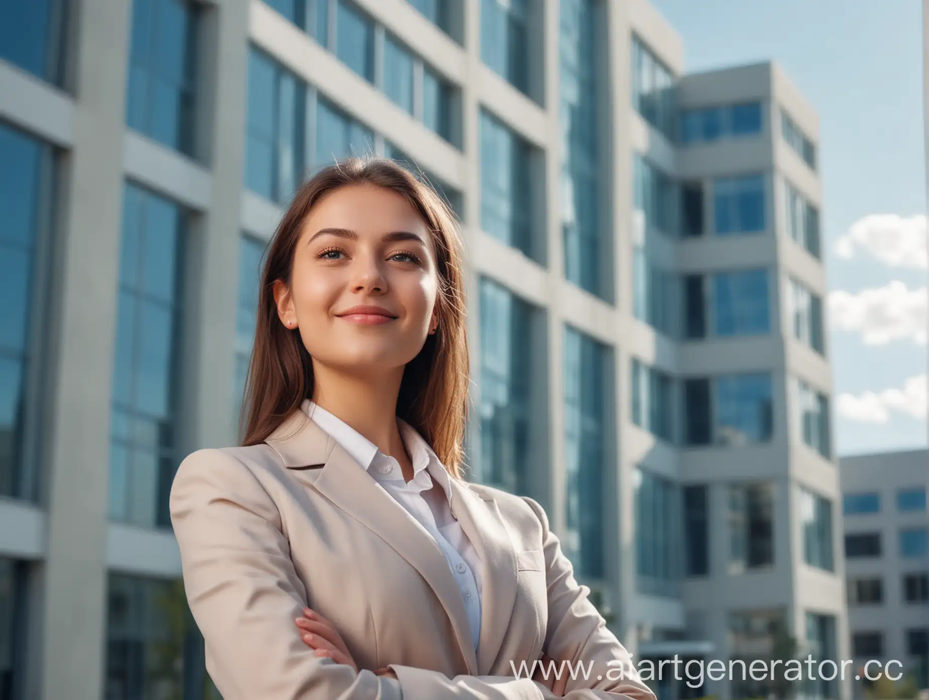 A beautiful girl in a business suit, with a pleasant smiling face, her gaze fixed on the sky, stands against the backdrop of a business office on a sunny day