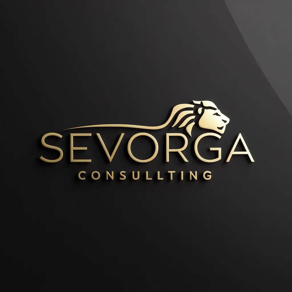 a logo design,with the text "Sevorga Consulting", main symbol:wordmark logo. The graphic could minimalist lion head icon or an abstract design, harmoniously integrated with the text. preferred color is gold. must be a black background,Moderate,clear background