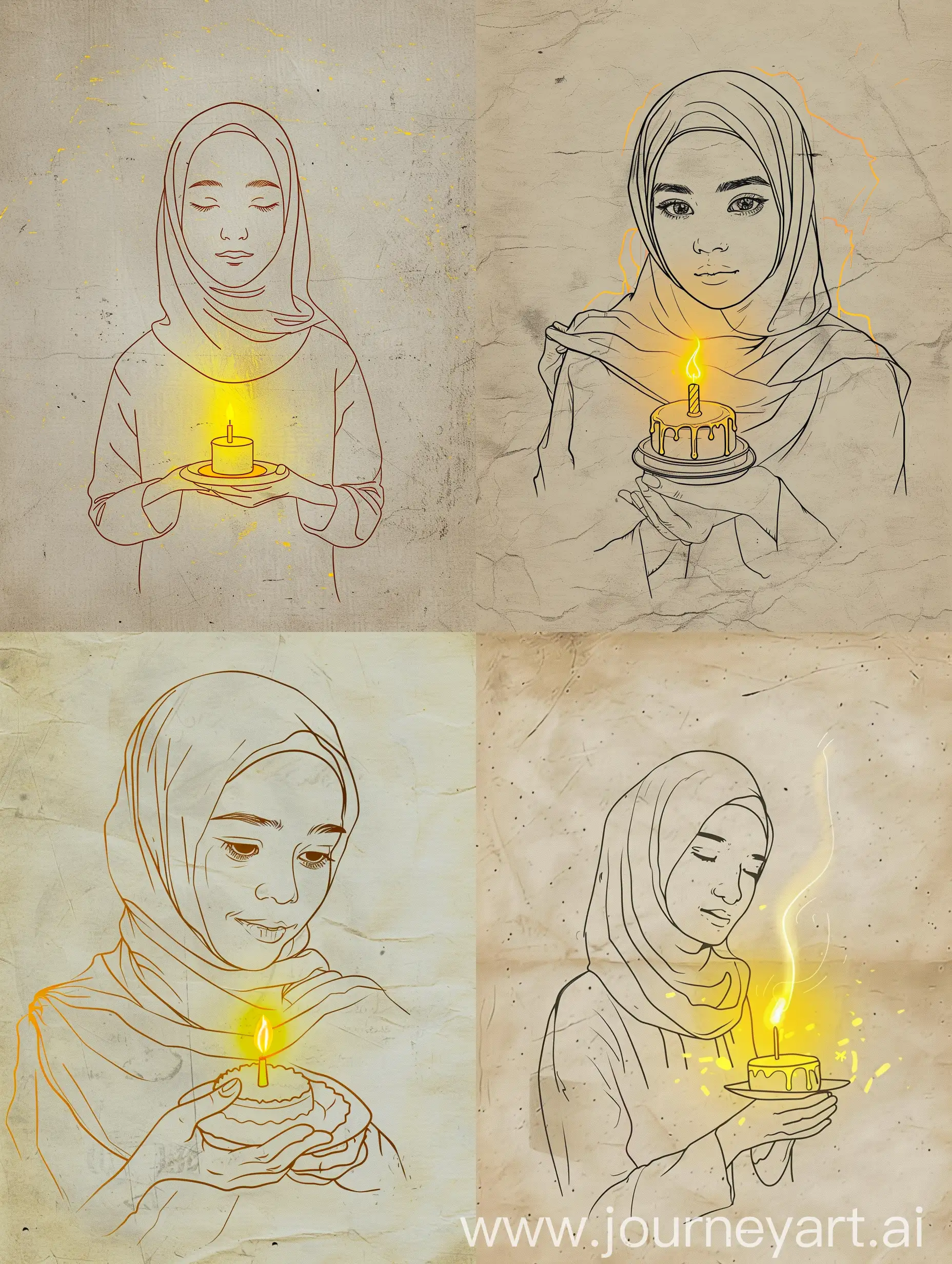 a very simple and minimalist outline sketch/line drawing portrait on old paper depicts a young beautiful girl hijab holding a small cake with one lit candle on it. The yellow light from the candle illuminates her face in the drawing, creating the illusion of three-dimensional depth on the minimalist outline illustration. 