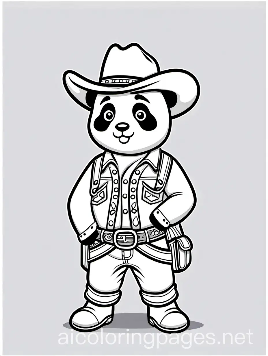 cute panda in cowboy dress, Coloring Page, black and white, line art, white background, Simplicity, Ample White Space. The background of the coloring page is plain white to make it easy for young children to color within the lines. The outlines of all the subjects are easy to distinguish, making it simple for kids to color without too much difficulty, Coloring Page, black and white, line art, white background, Simplicity, Ample White Space. The background of the coloring page is plain white to make it easy for young children to color within the lines. The outlines of all the subjects are easy to distinguish, making it simple for kids to color without too much difficulty