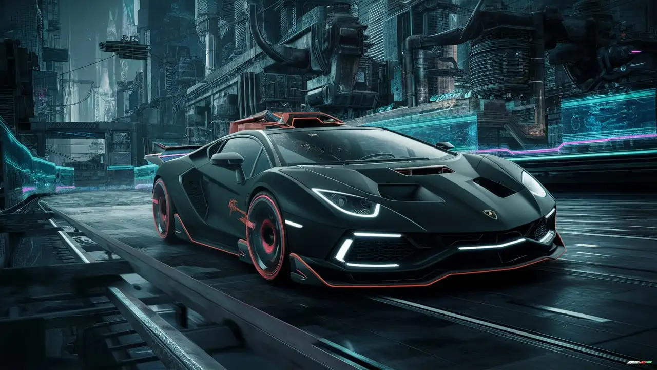 Lamborghini Sesto Elemento with very futuristic look, inspired by the movie Ghost in the shell, black color, flying in disthopian cyber punk highway surrounded of skyscrapers, holographic lights.