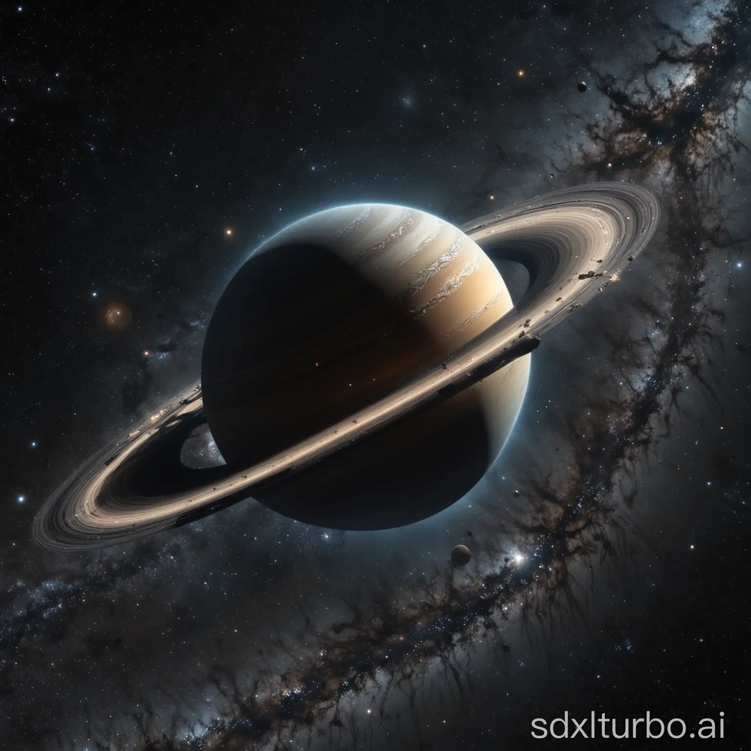 a Saturn-like gas planet, detailed realistic rings, deep starfield background, super detailded stars, planet covers 75% of picture