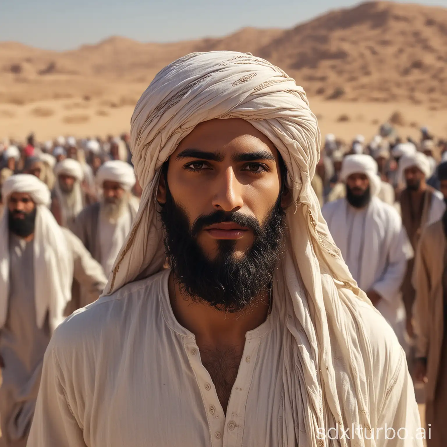 Create a realistic image of an arab man wearing arab clothing. tall, slender body, long wavy shoulder length hair. wearing a turban, a thick and long beard, standing in the middle of a crowd of people fighting in the desert. High quality images, Uhd,HD,